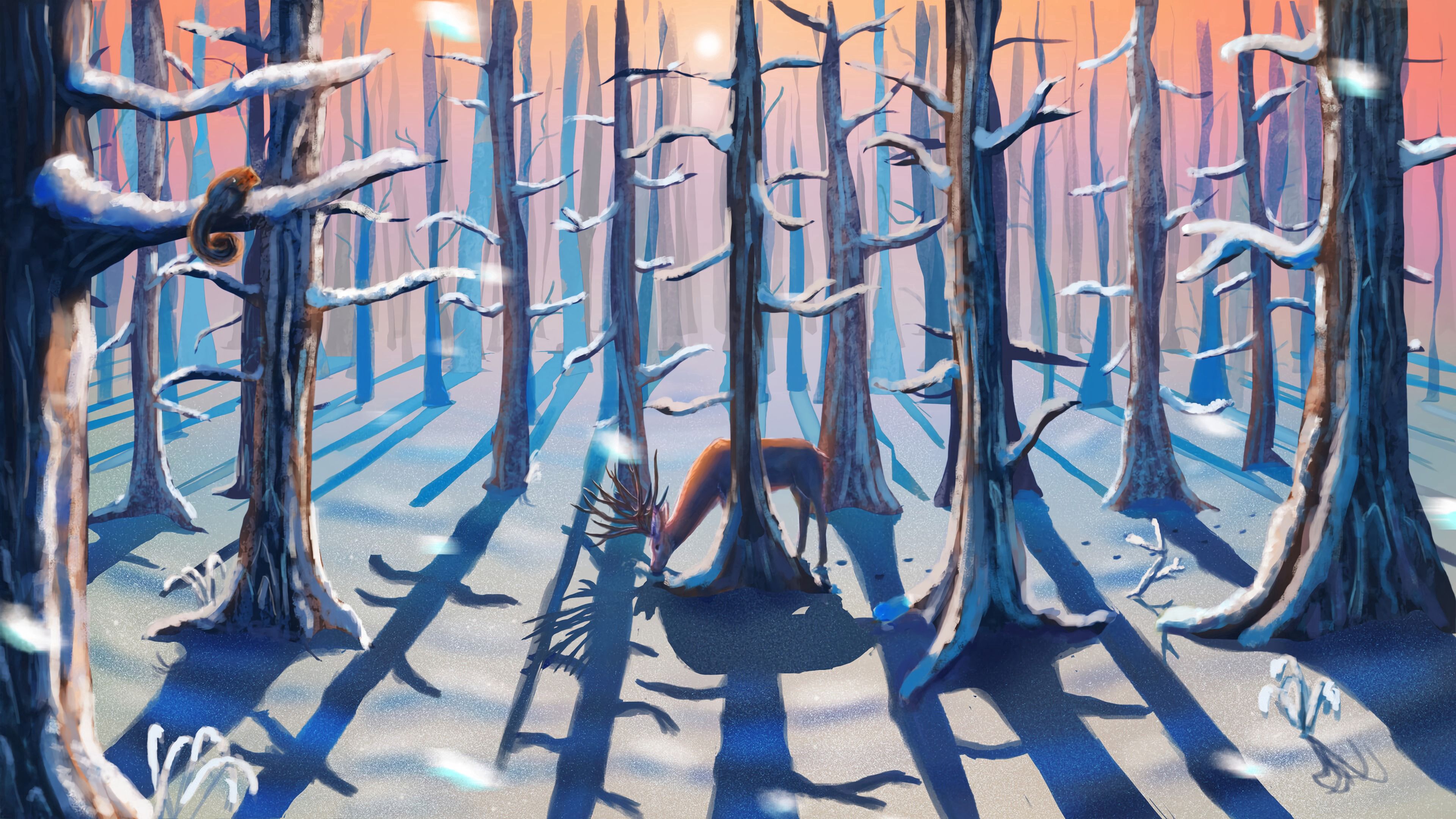 PCデスクトップに鹿, 冬, 自然, 森林, 森, アート画像を無料でダウンロード