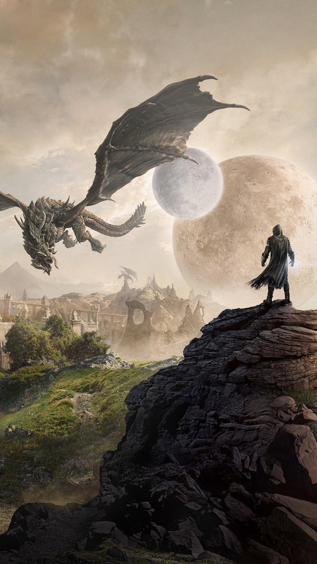 Download mobile wallpaper Moon, Planet, Dragon, Video Game, The Elder Scrolls, The Elder Scrolls Online for free.