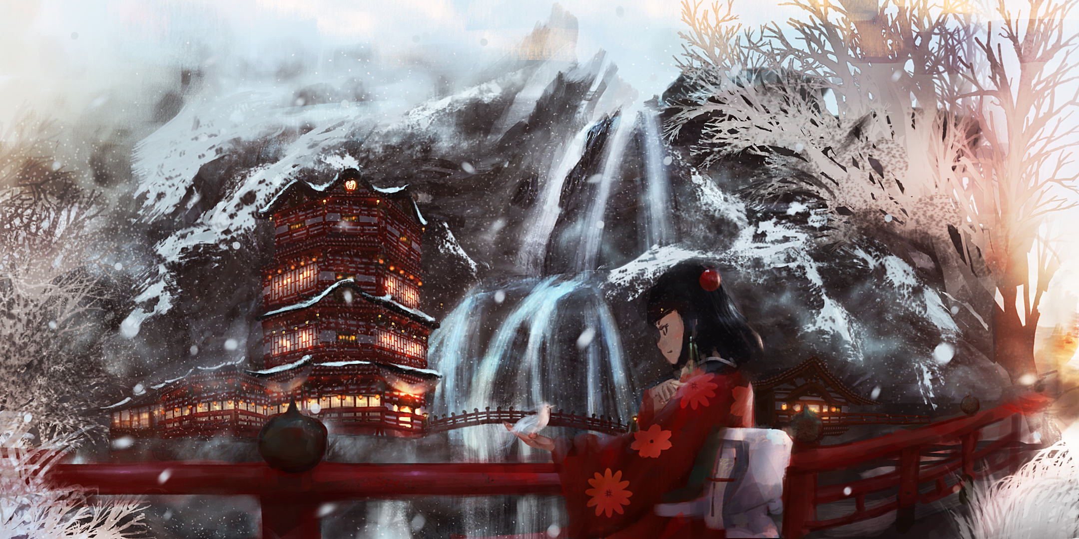 Free download wallpaper Anime, Snow, Building, Waterfall, Original on your PC desktop