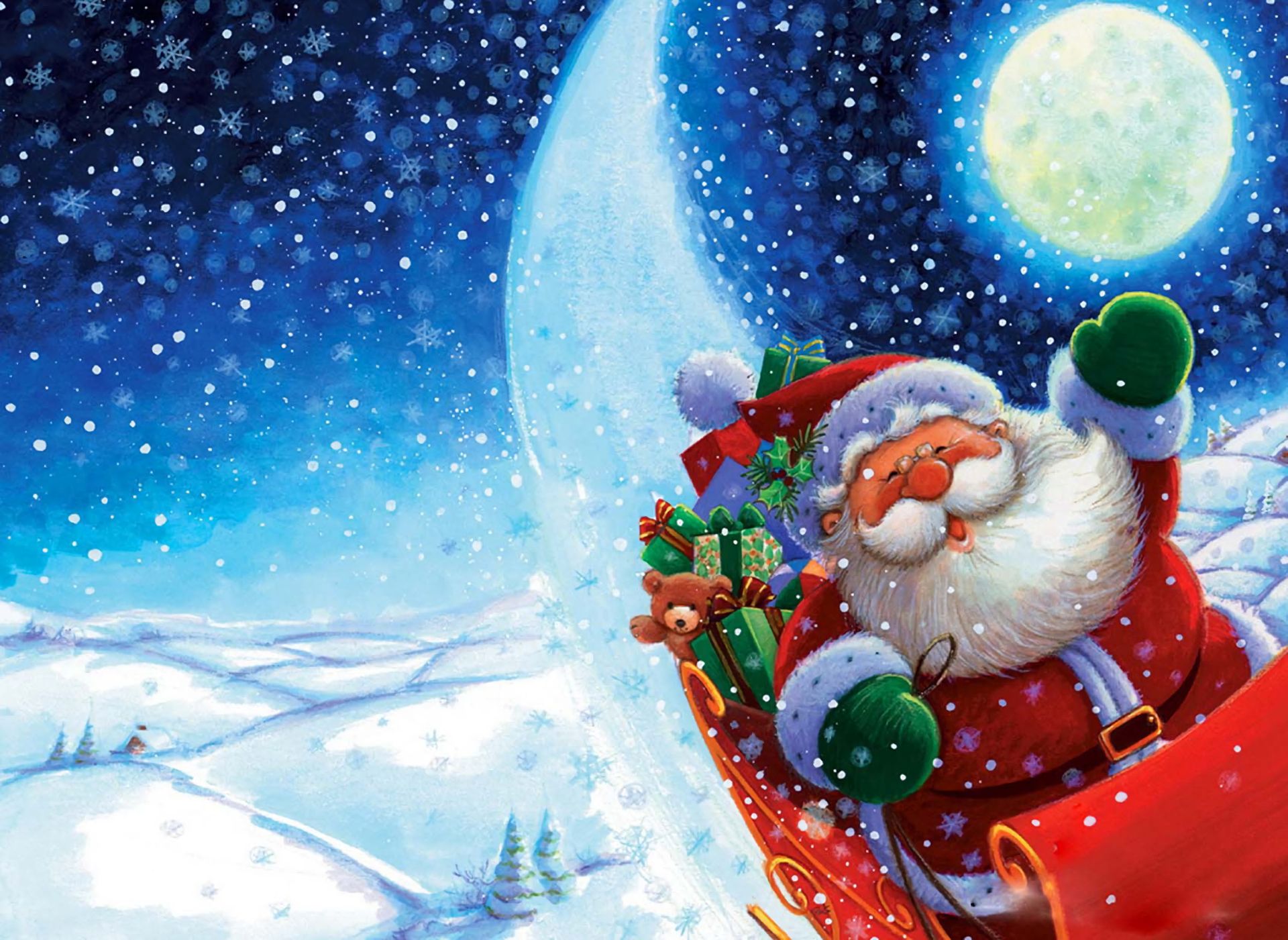 christmas, holiday, moon, santa, sleigh, snow, snowfall, starry sky, stars