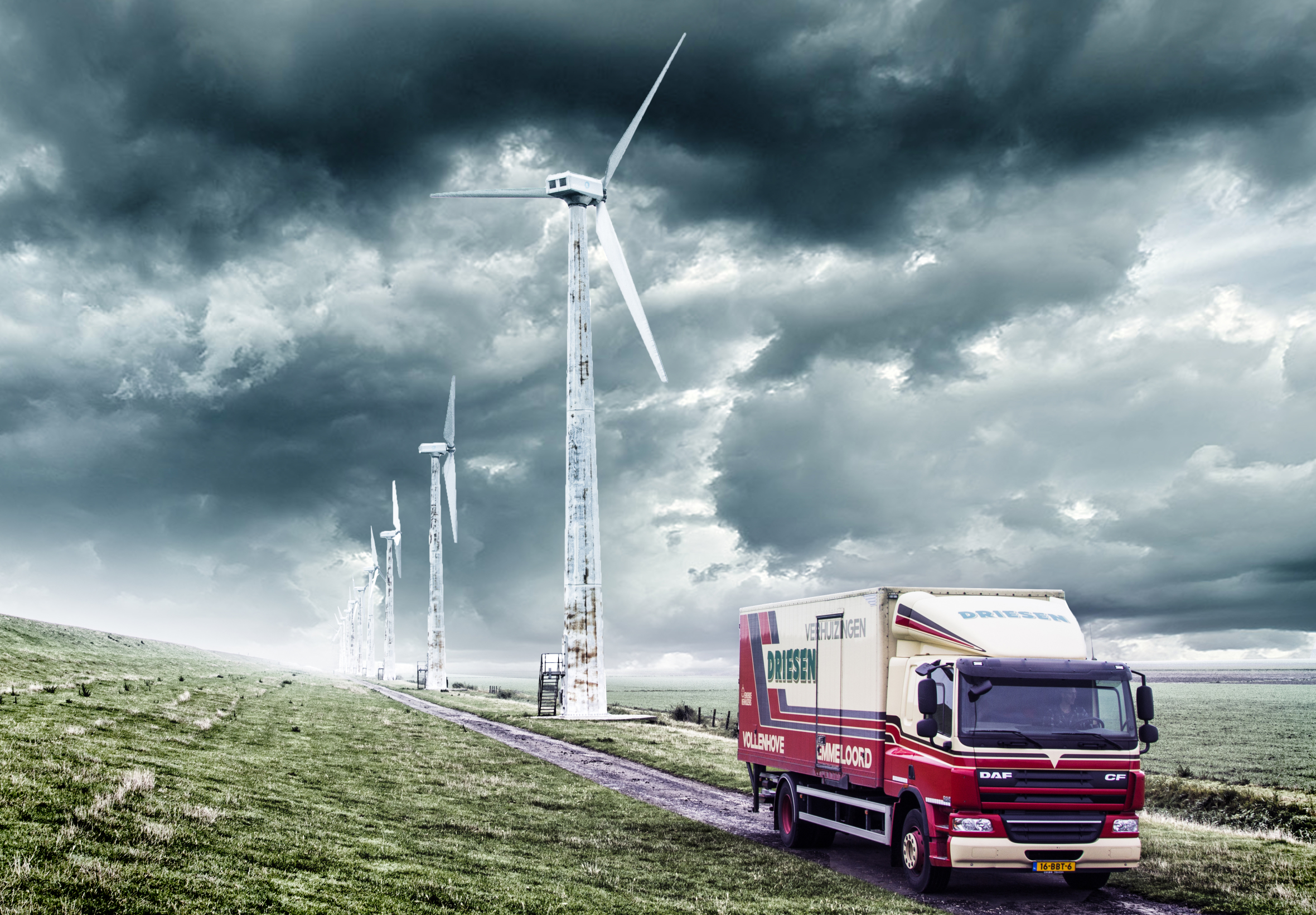 Handy-Wallpaper Niederlande, Windkraftanlage, Daf, Fahrzeuge kostenlos herunterladen.