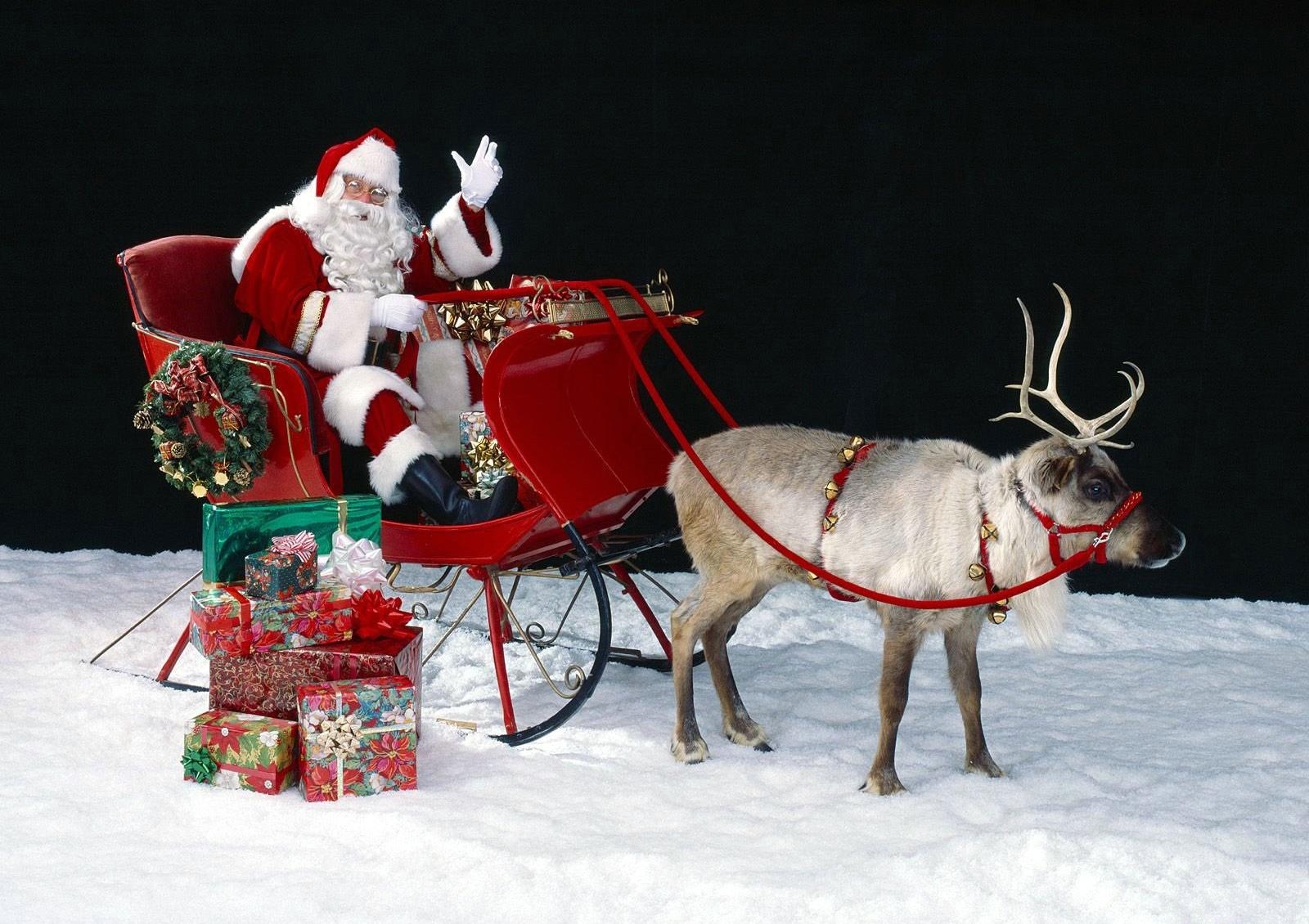 111377画像をダウンロード祝日, サンタクロース, 雪, 鹿, プレゼント, バッグ, 袋, そり, 橇, ギフト-壁紙とスクリーンセーバーを無料で
