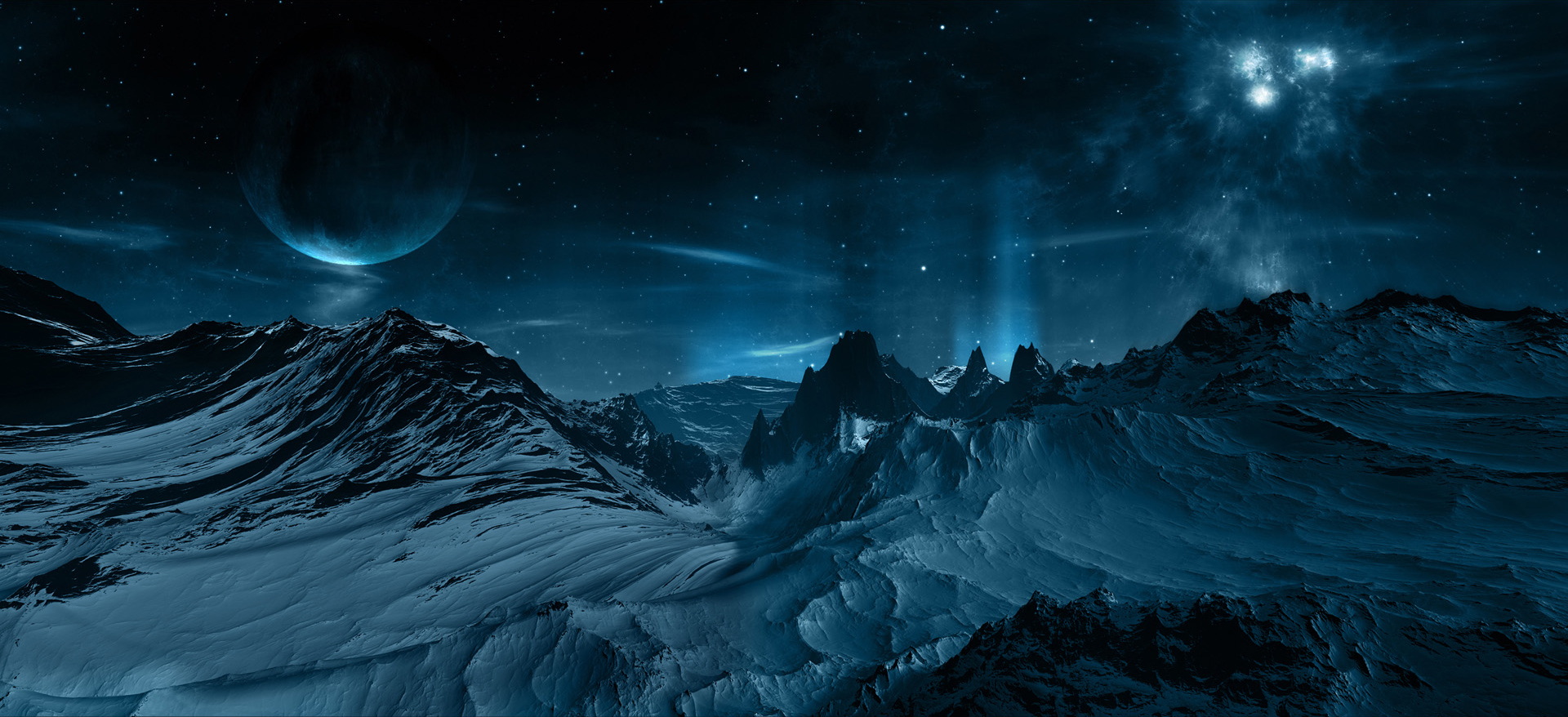 Laden Sie das Landschaft, Schnee, Gebirge, Science Fiction-Bild kostenlos auf Ihren PC-Desktop herunter