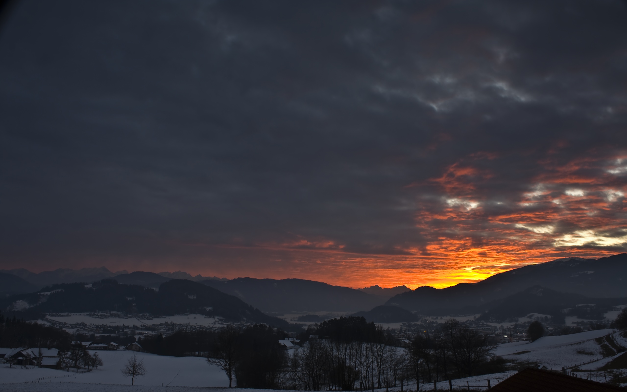 landscape, dusk, earth, cloud, colors, mountain, sky, snow, tree, twilight, valley, winter FHD, 4K, UHD