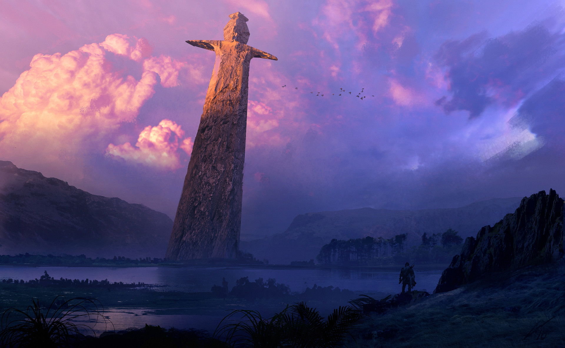 Free download wallpaper Landscape, Fantasy, Sky, Lake, Cloud, Sword on your PC desktop