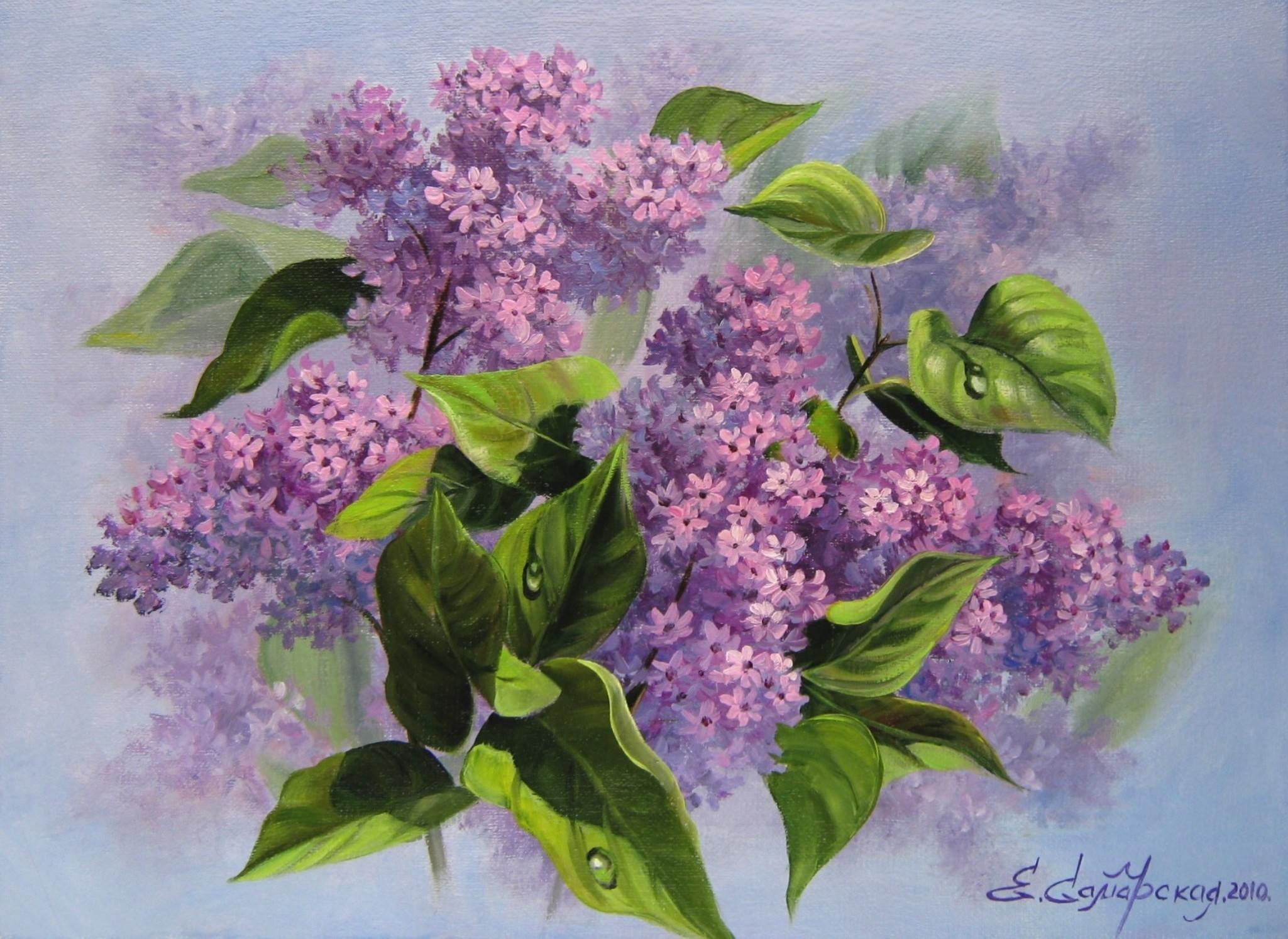 Download mobile wallpaper Lilac, Leaf, Painting, Artistic, Purple Flower for free.