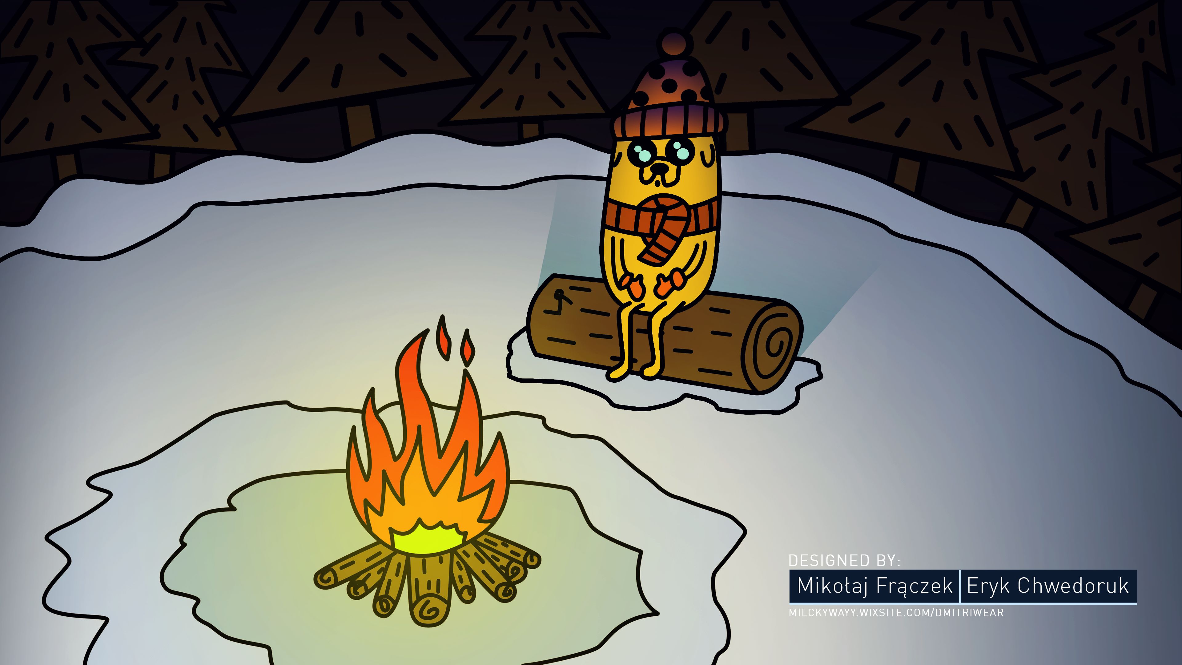 tv show, adventure time, camp fire, dog, forest, ice, jake (adventure time), snow, winter