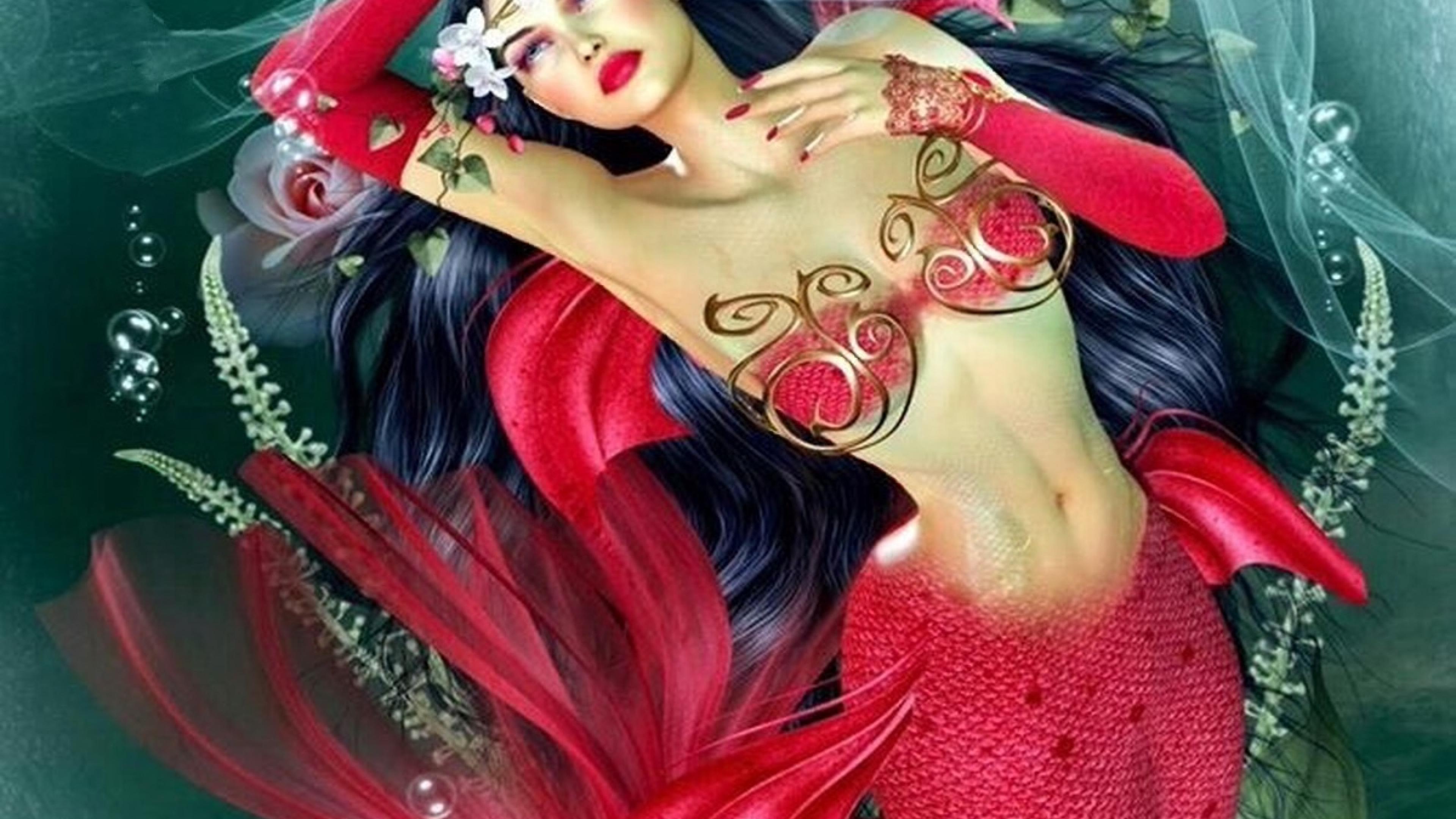 Download mobile wallpaper Fantasy, Flower, Mermaid, Black Hair, Lipstick for free.