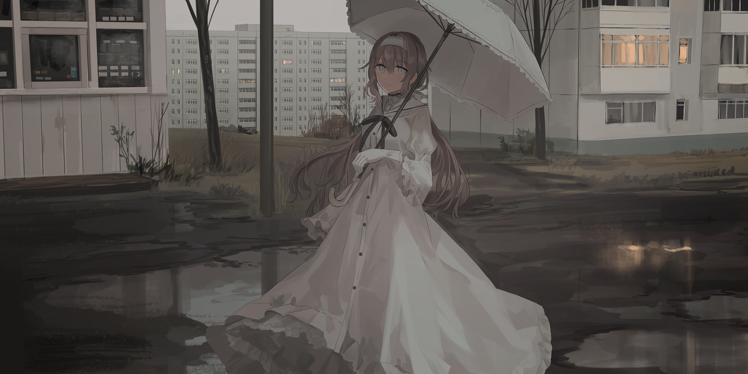 puddle, anime, original, umbrella, white dress
