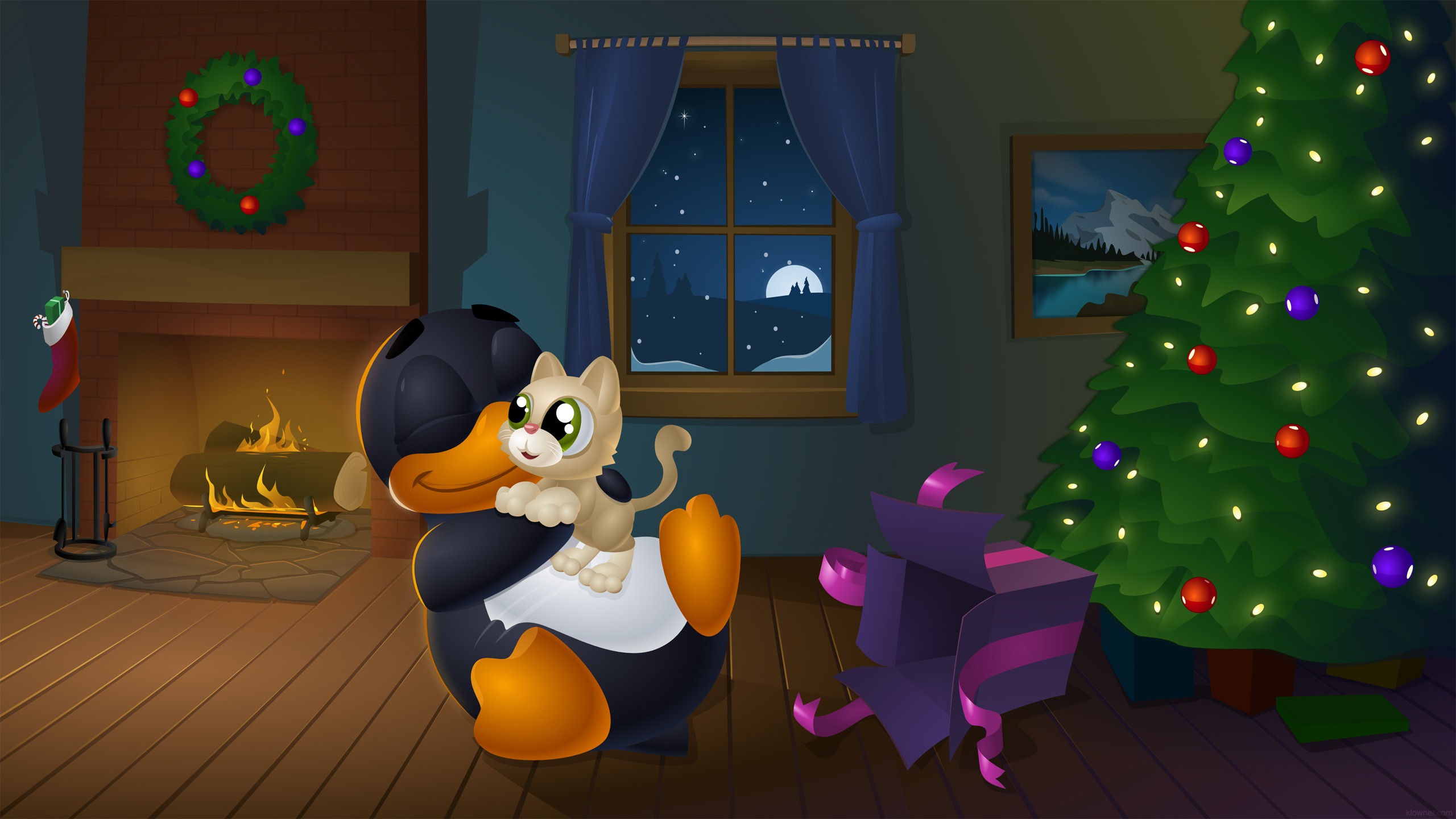 Download mobile wallpaper Fireplace, Penguin, Christmas, Christmas Tree, Cat, Holiday for free.