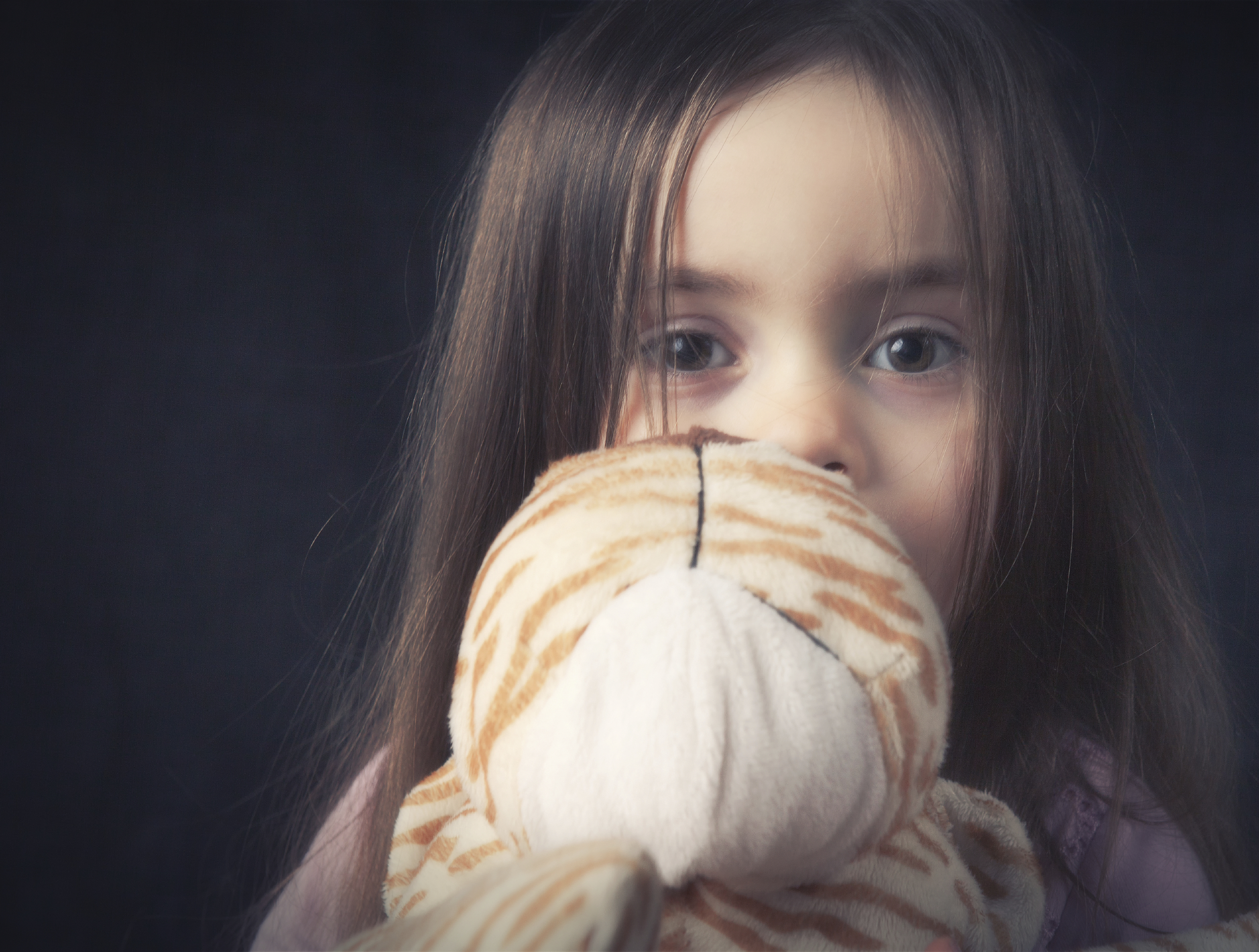 Download mobile wallpaper Child, Face, Brunette, Photography, Brown Eyes, Little Girl, Stuffed Animal for free.