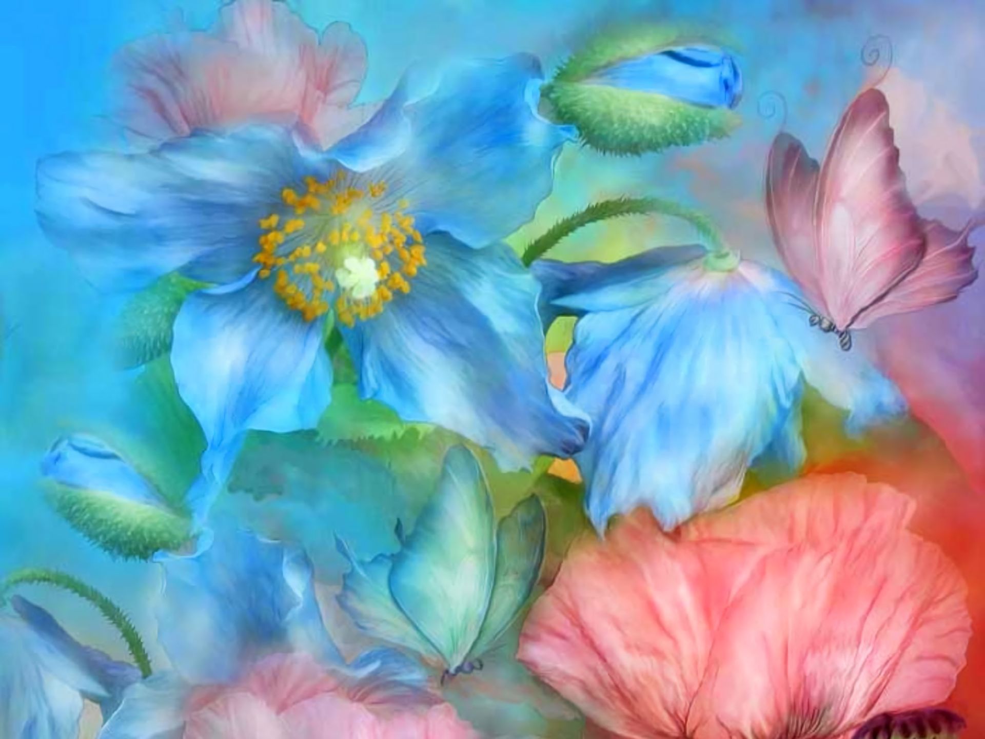 Download mobile wallpaper Flowers, Pink, Flower, Butterfly, Artistic, Pastel for free.