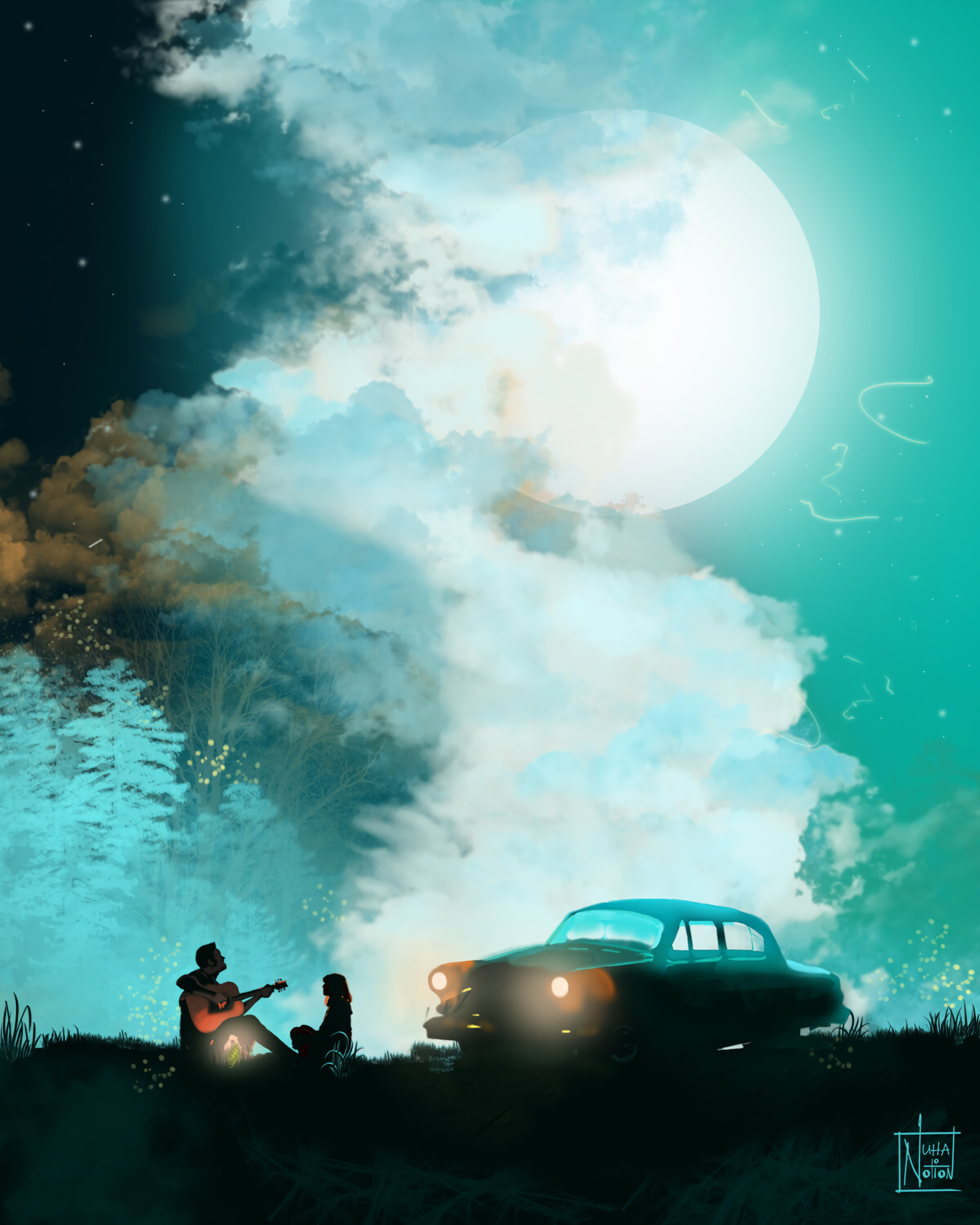 art, guitar, night, silhouettes, moon, car QHD