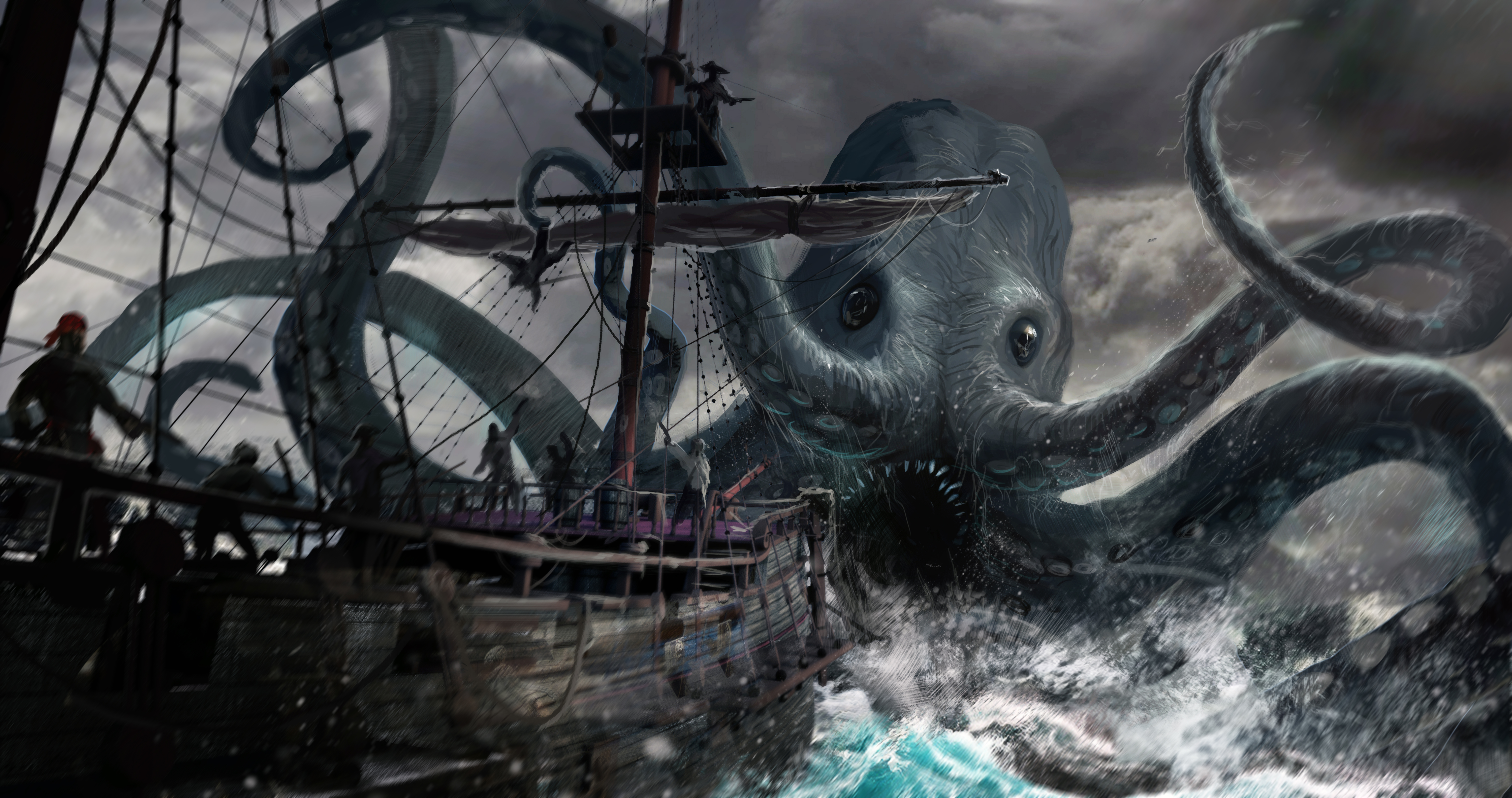 Laden Sie das Fantasie, Schiff, Pirat, Seeungeheuer-Bild kostenlos auf Ihren PC-Desktop herunter
