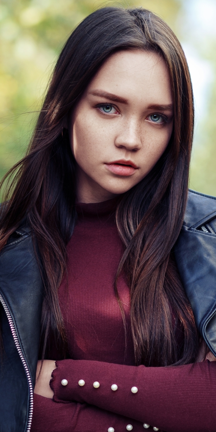 Download mobile wallpaper Brunette, Model, Women, Blue Eyes, Leather Jacket for free.