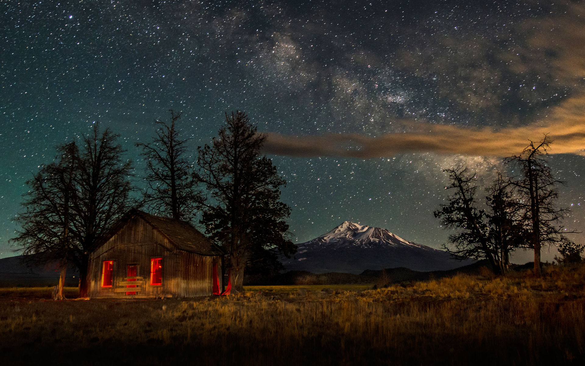 Free download wallpaper Landscape, Winter, Sky, Night, Snow, Mountain, Starry Sky, Cabin, Man Made on your PC desktop