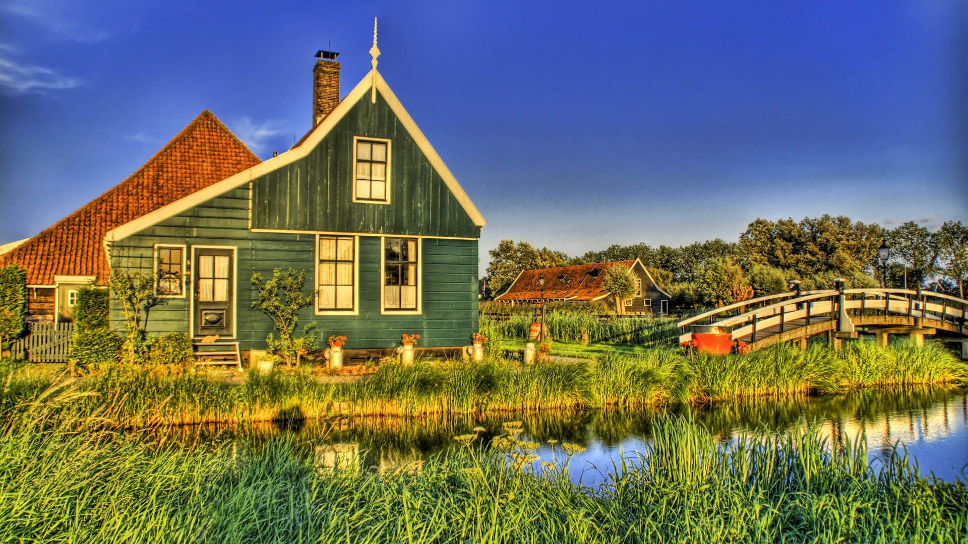 Free download wallpaper Rivers, Grass, Sky, Bridge, Summer, Lodge, Hdr, Cities, Small House, Village on your PC desktop
