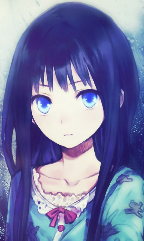 anime, kamisama no memochou, reflection, long hair, yūko shionji, blue eyes, blue hair, rain