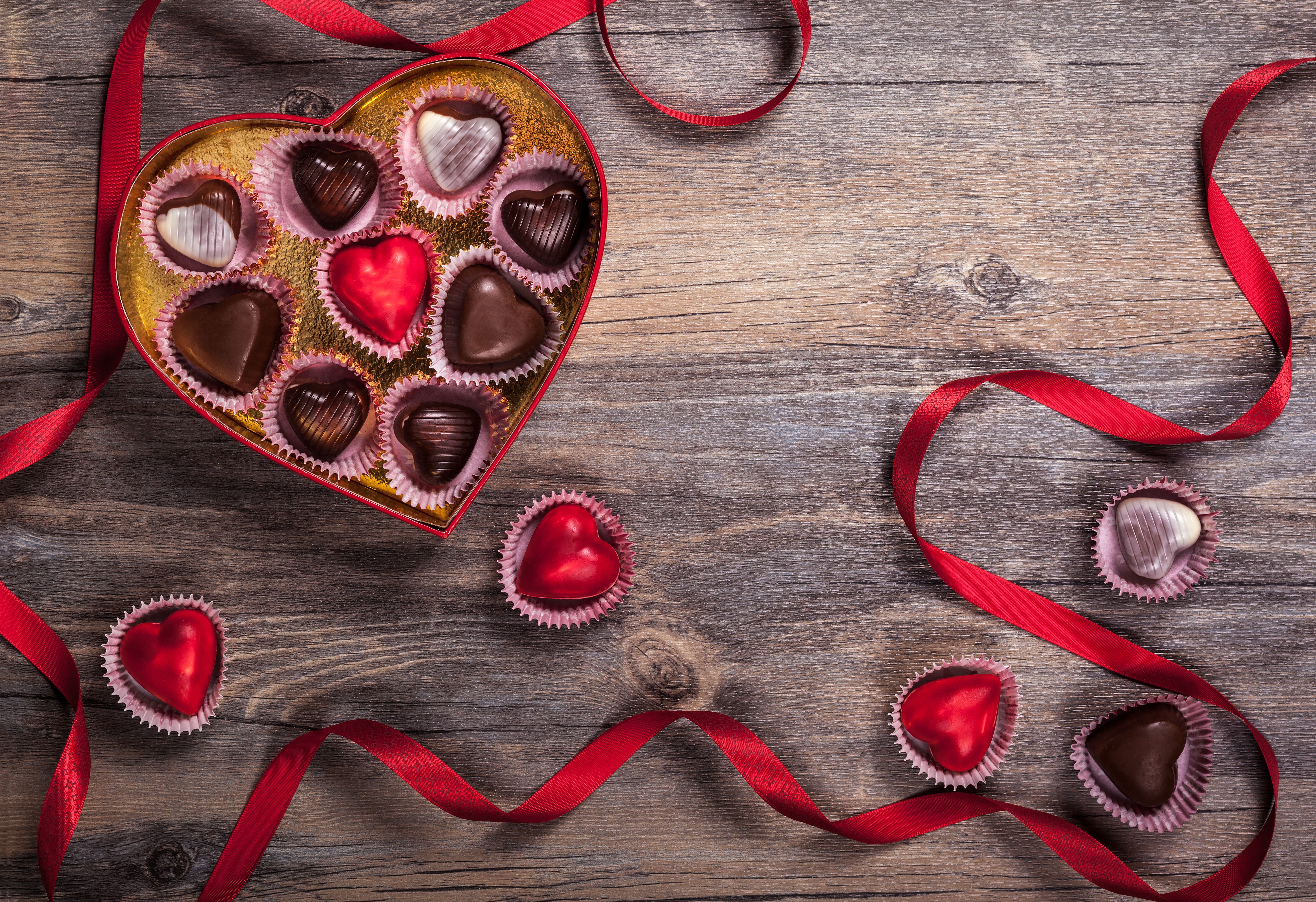 Download mobile wallpaper Valentine's Day, Chocolate, Still Life, Holiday, Ribbon, Heart Shaped for free.
