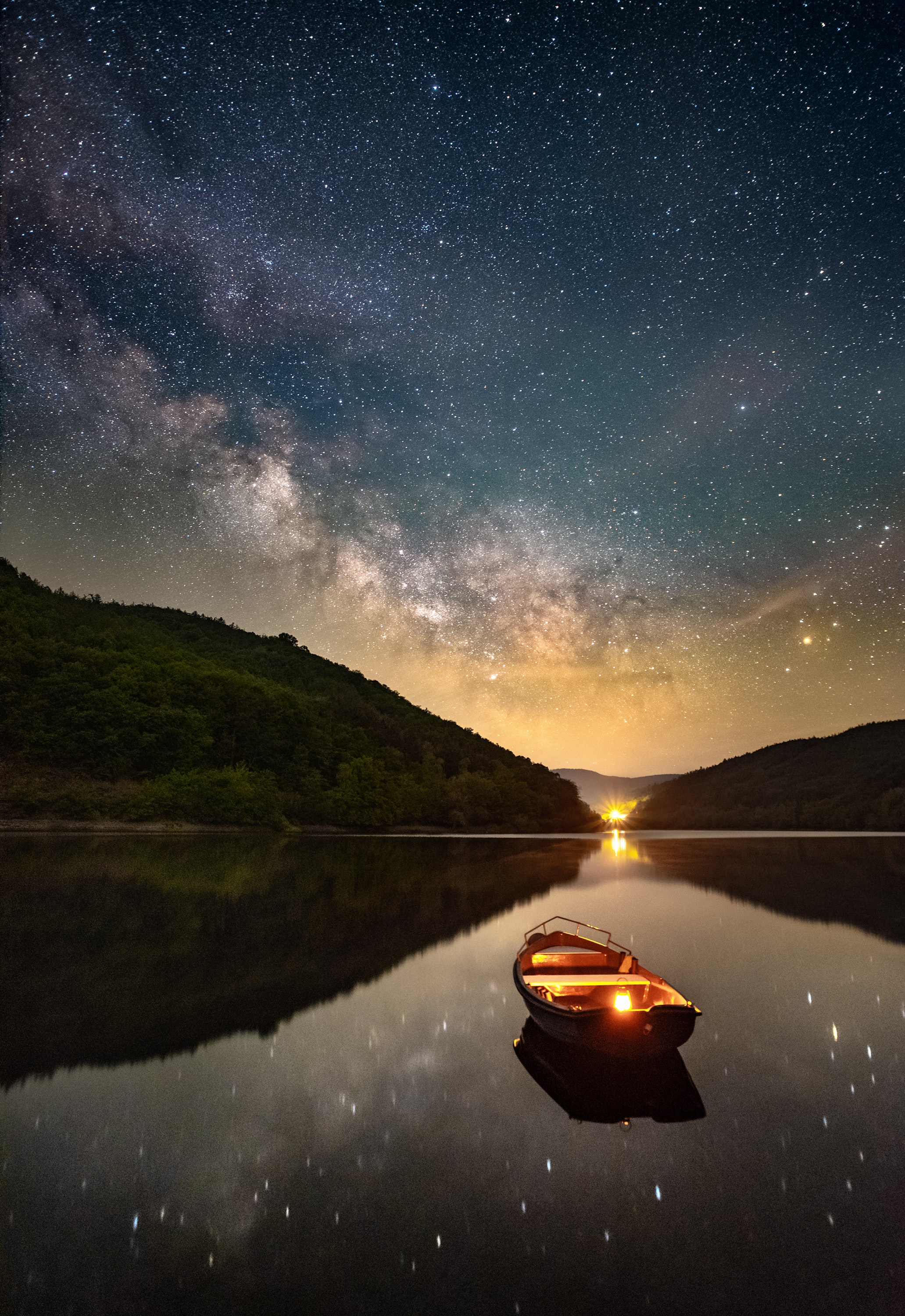lantern, boat, lamp, nature, reflection, starry sky HD wallpaper