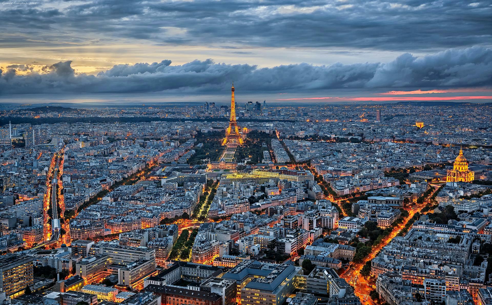 Free download wallpaper Cities, Paris, Eiffel Tower, City, Horizon, Light, France, Evening, Cityscape, Cloud, Man Made on your PC desktop