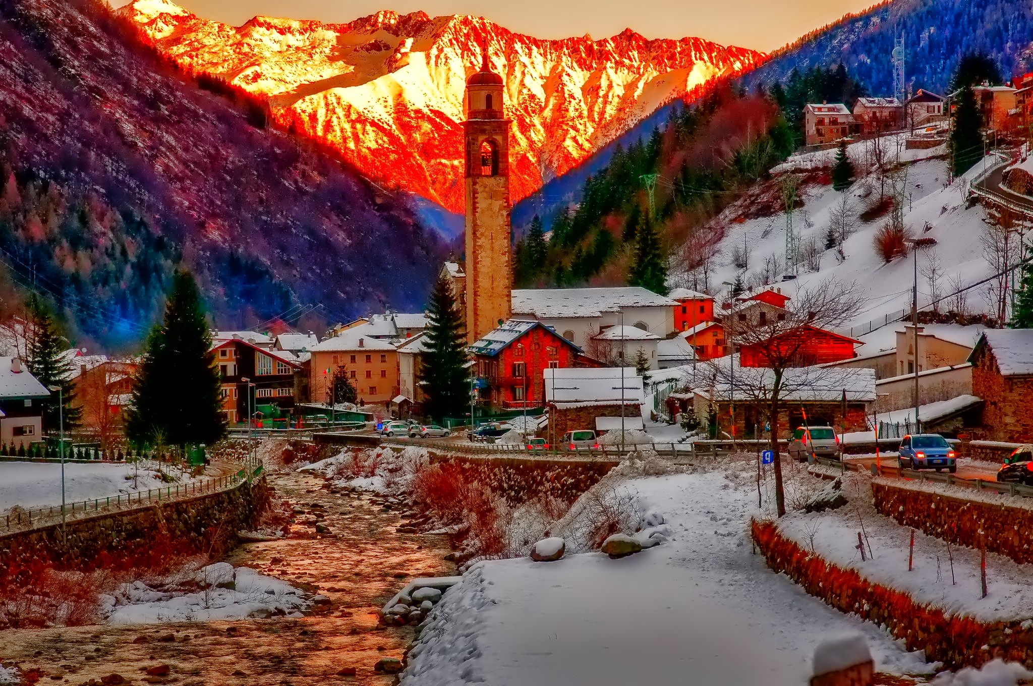 PCデスクトップに風景, 冬, 木, 雪, 山, 村, マンメイド画像を無料でダウンロード