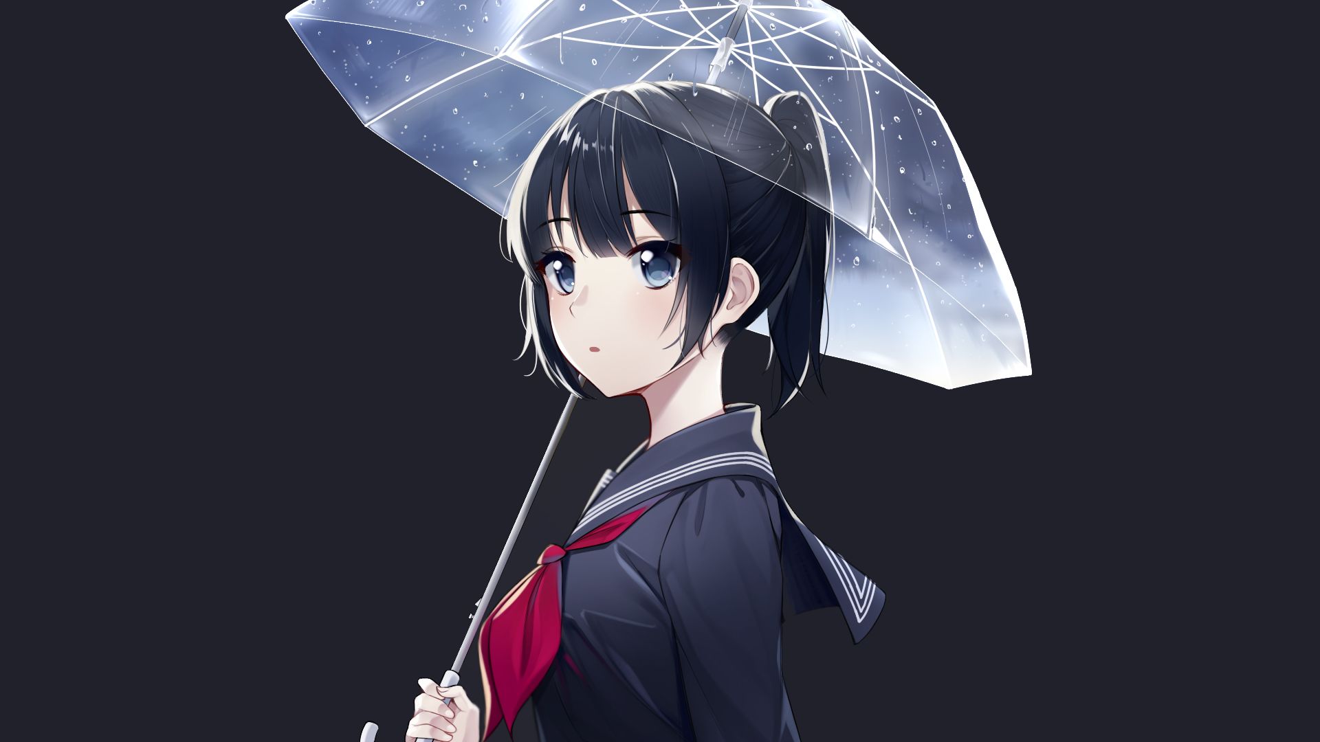 Laden Sie das Regenschirm, Blaue Augen, Original, Schuluniform, Animes, Schwarzes Haar, Pferdeschwanz-Bild kostenlos auf Ihren PC-Desktop herunter