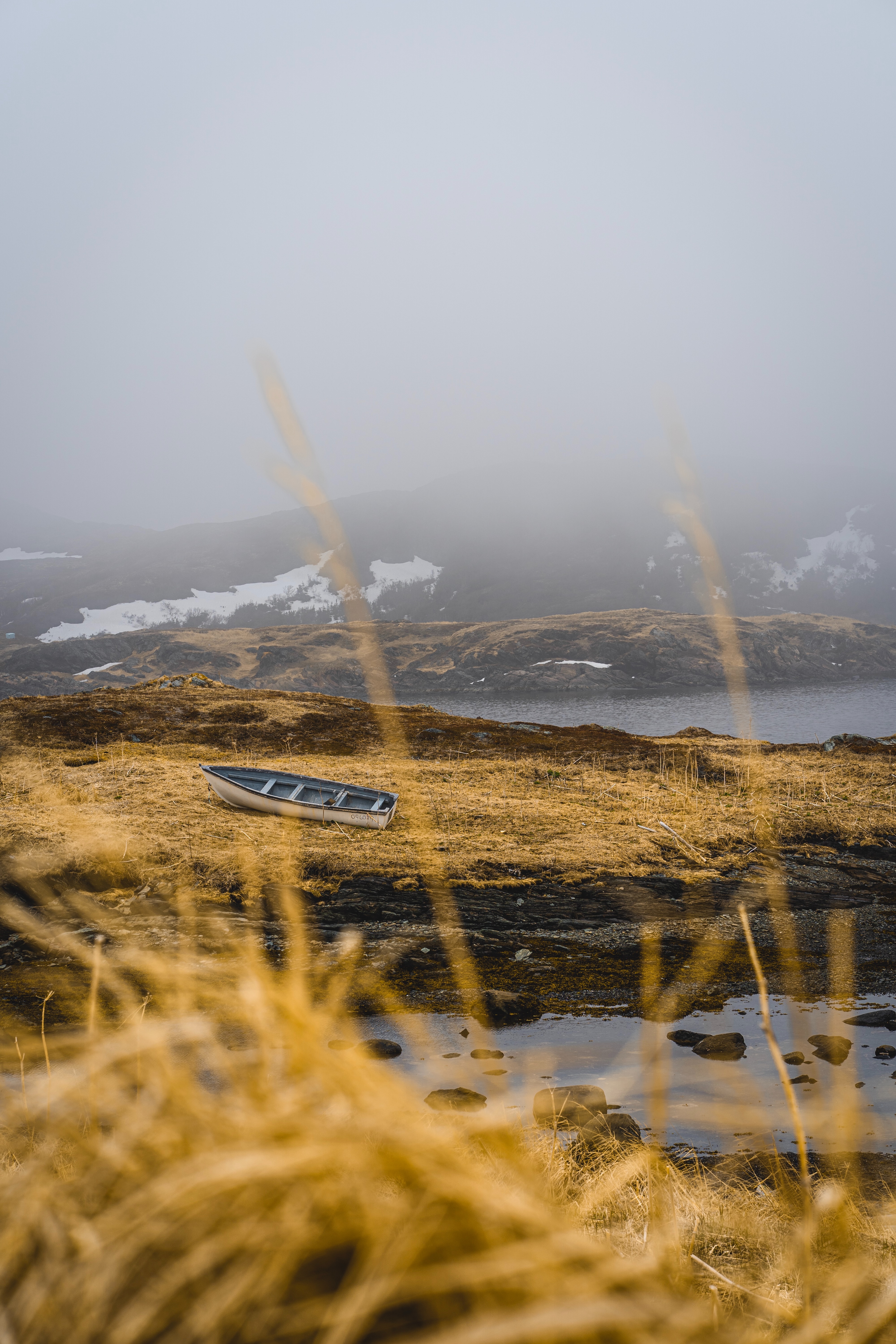 nature, lake, shore, bank, fog, hills, boat Image for desktop