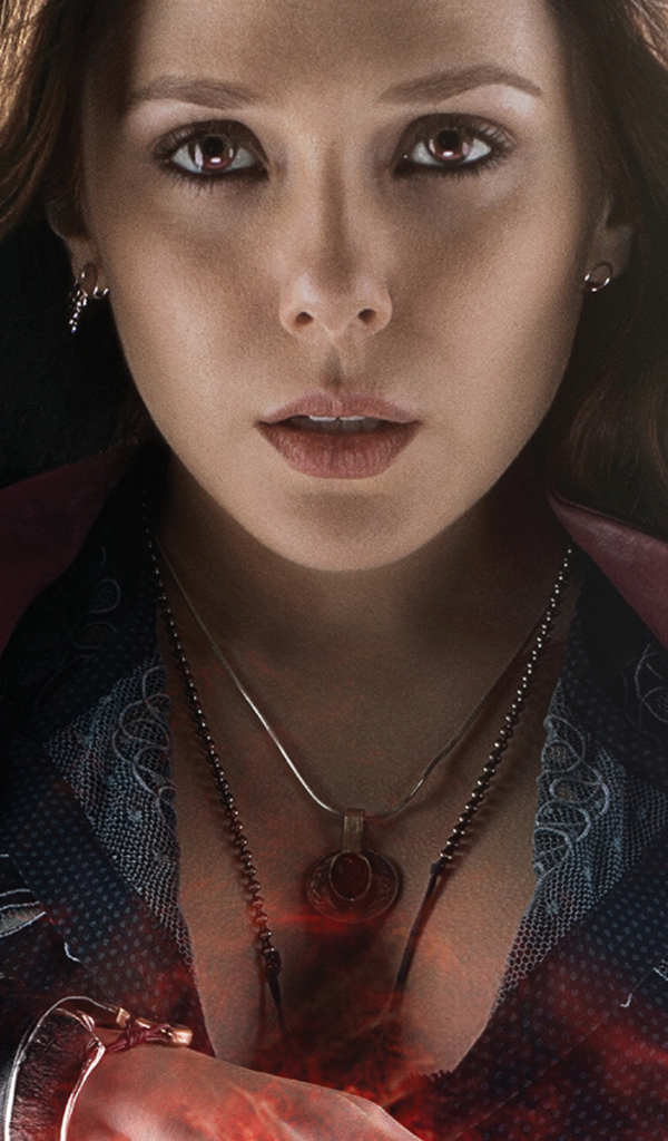 Download mobile wallpaper Avengers, Earrings, Necklace, Red Eyes, Movie, The Avengers, Scarlet Witch, Avengers: Age Of Ultron, Elizabeth Olsen for free.
