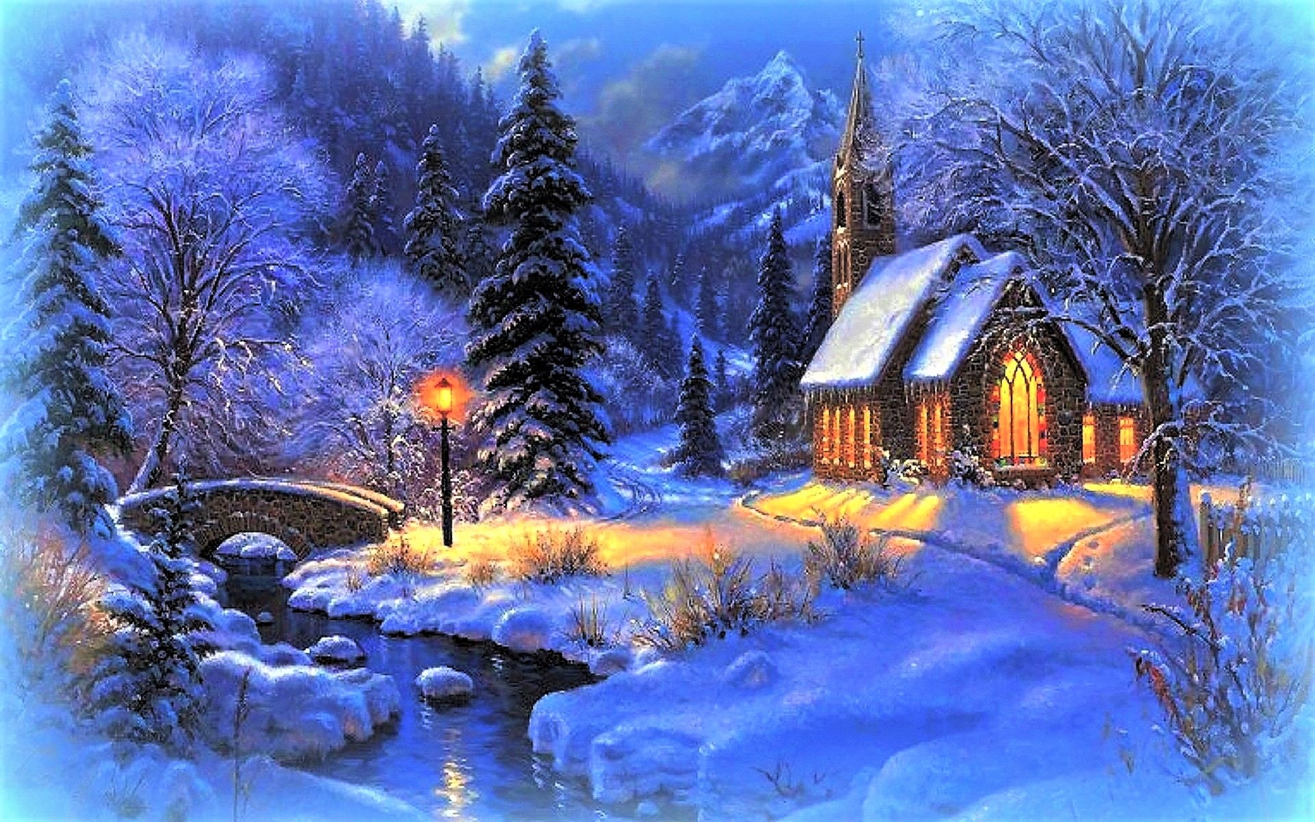 Téléchargez gratuitement l'image Nuit, Montagne, Lumière, Forêt, Peinture, Artistique, Église, L'hiver, Neiger sur le bureau de votre PC