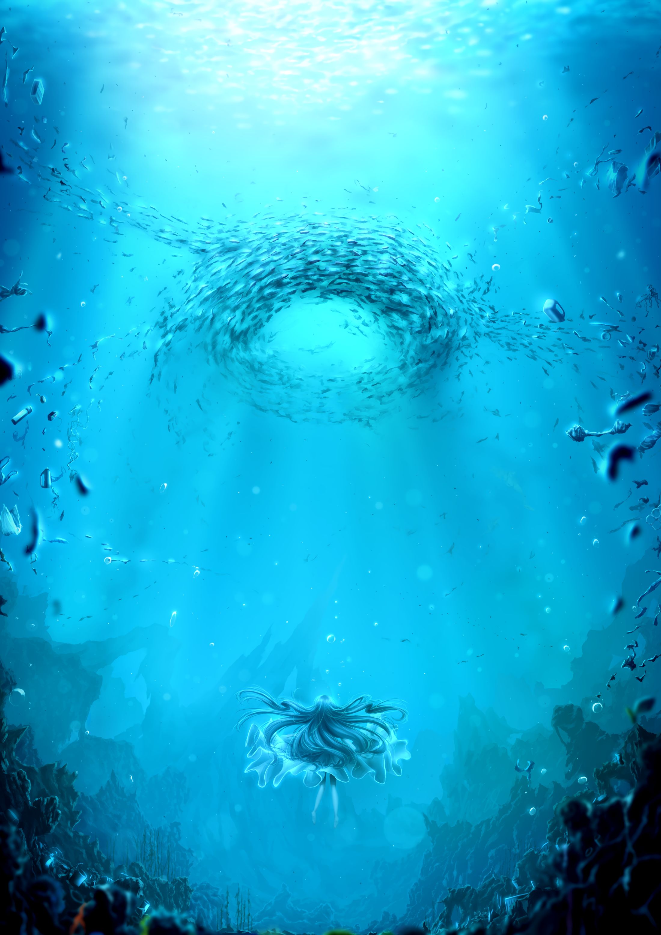 Download mobile wallpaper Water, Underwater World, Art, Depth, Girl for free.