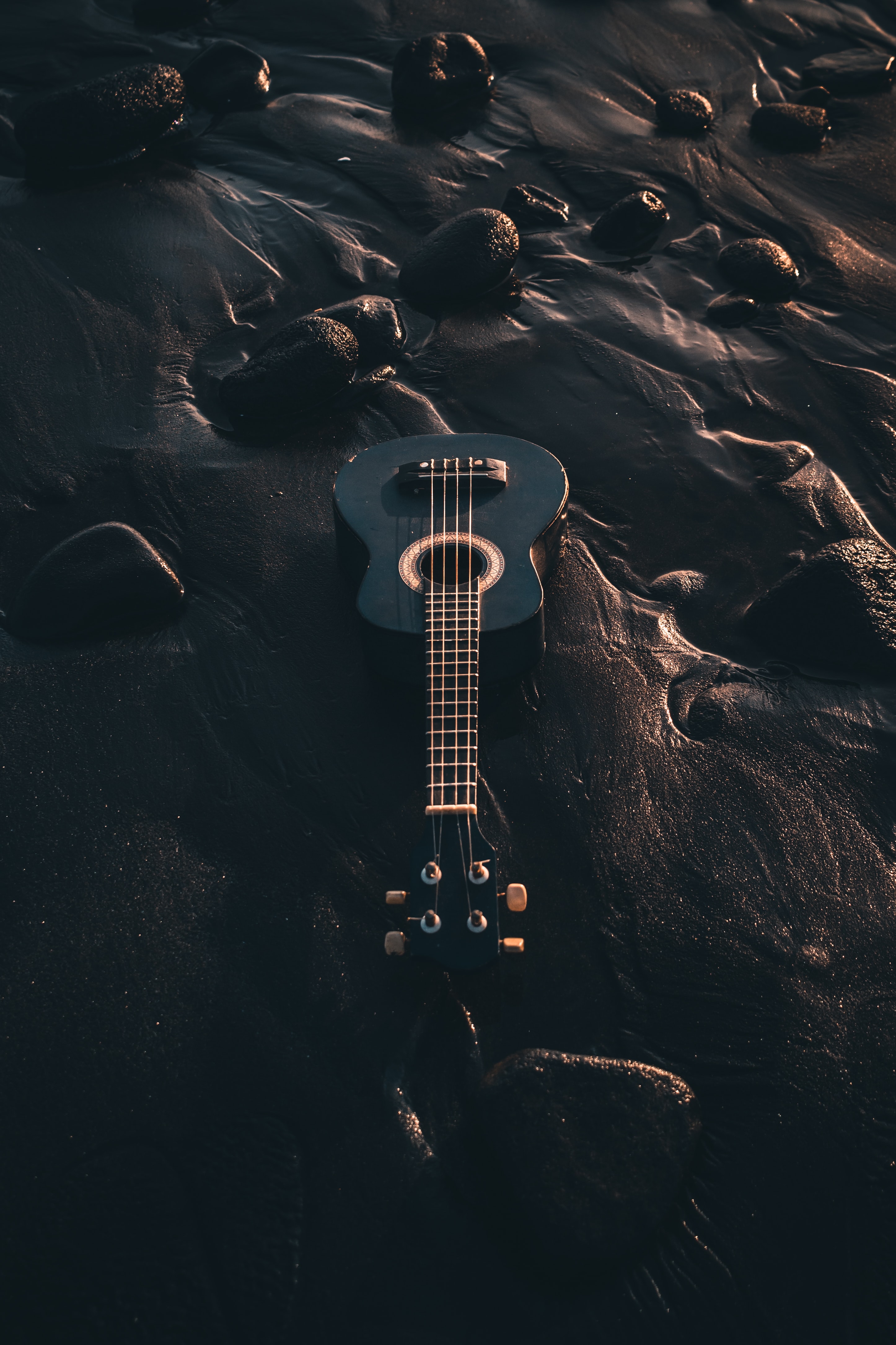 guitar, music, black, ukulele, beach, musical instrument