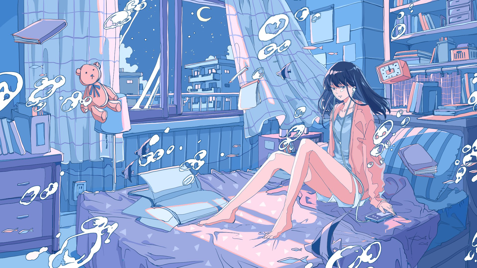 Download mobile wallpaper Anime, Teddy Bear, Girl, Room, Bed, Feet, Black Hair for free.