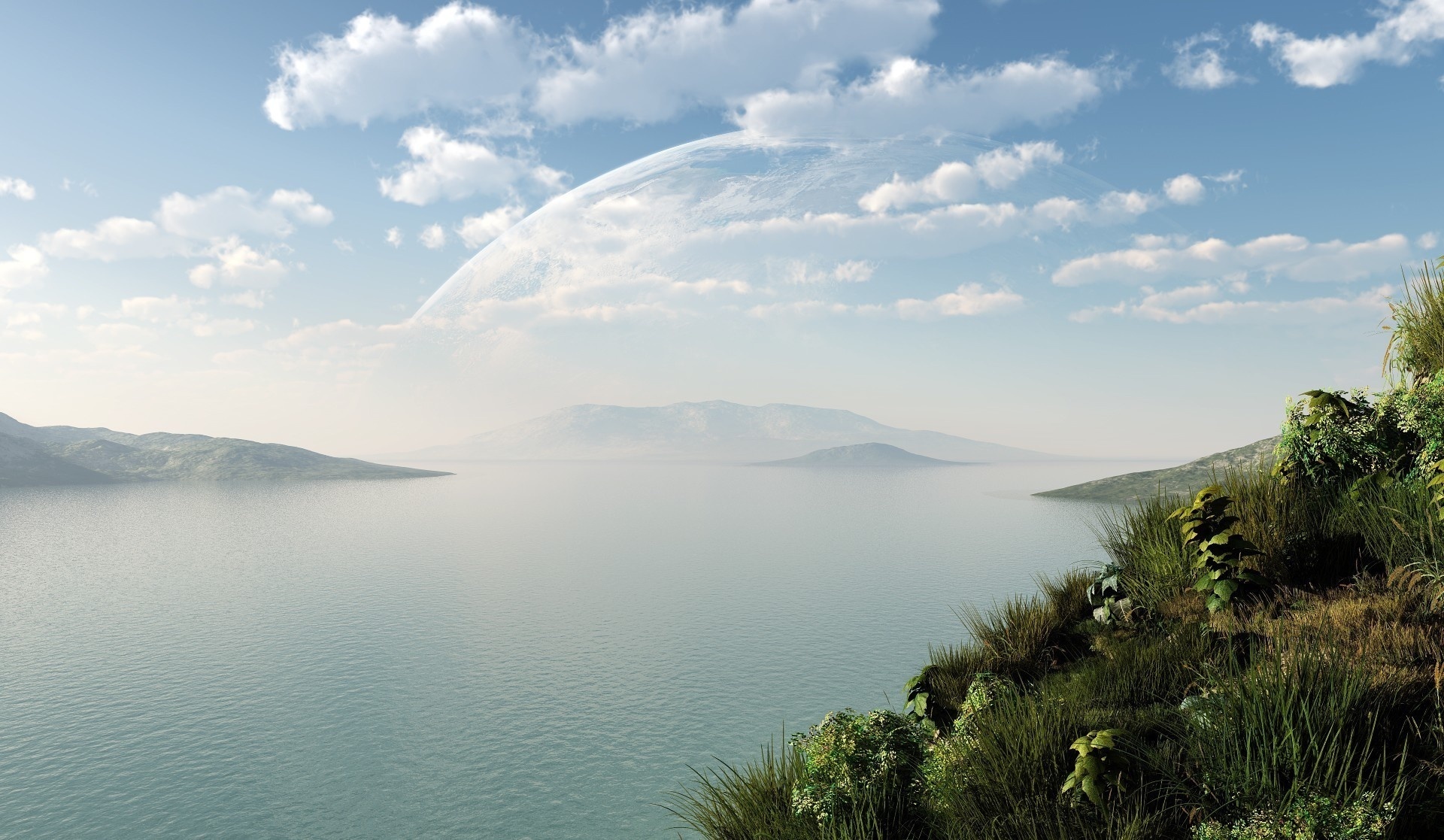 PCデスクトップに草, 山脈, 雲, 湖, 風景画像を無料でダウンロード