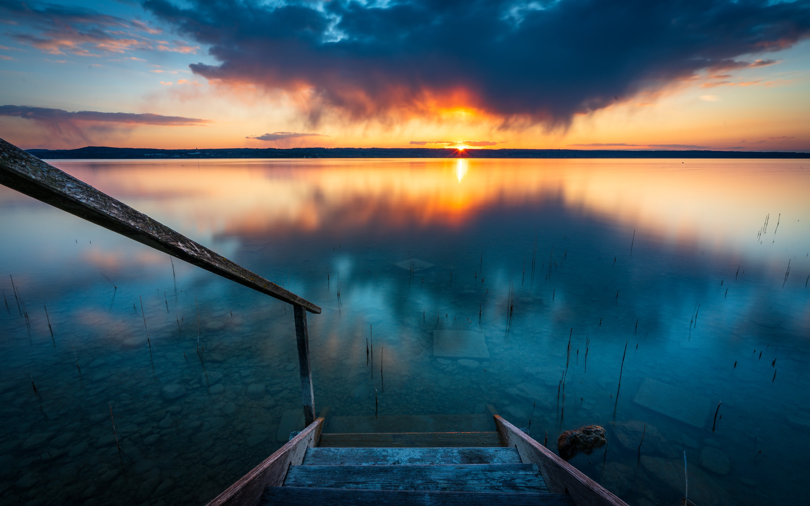 Download mobile wallpaper Sunset, Lakes, Lake, Stairs, Photography for free.