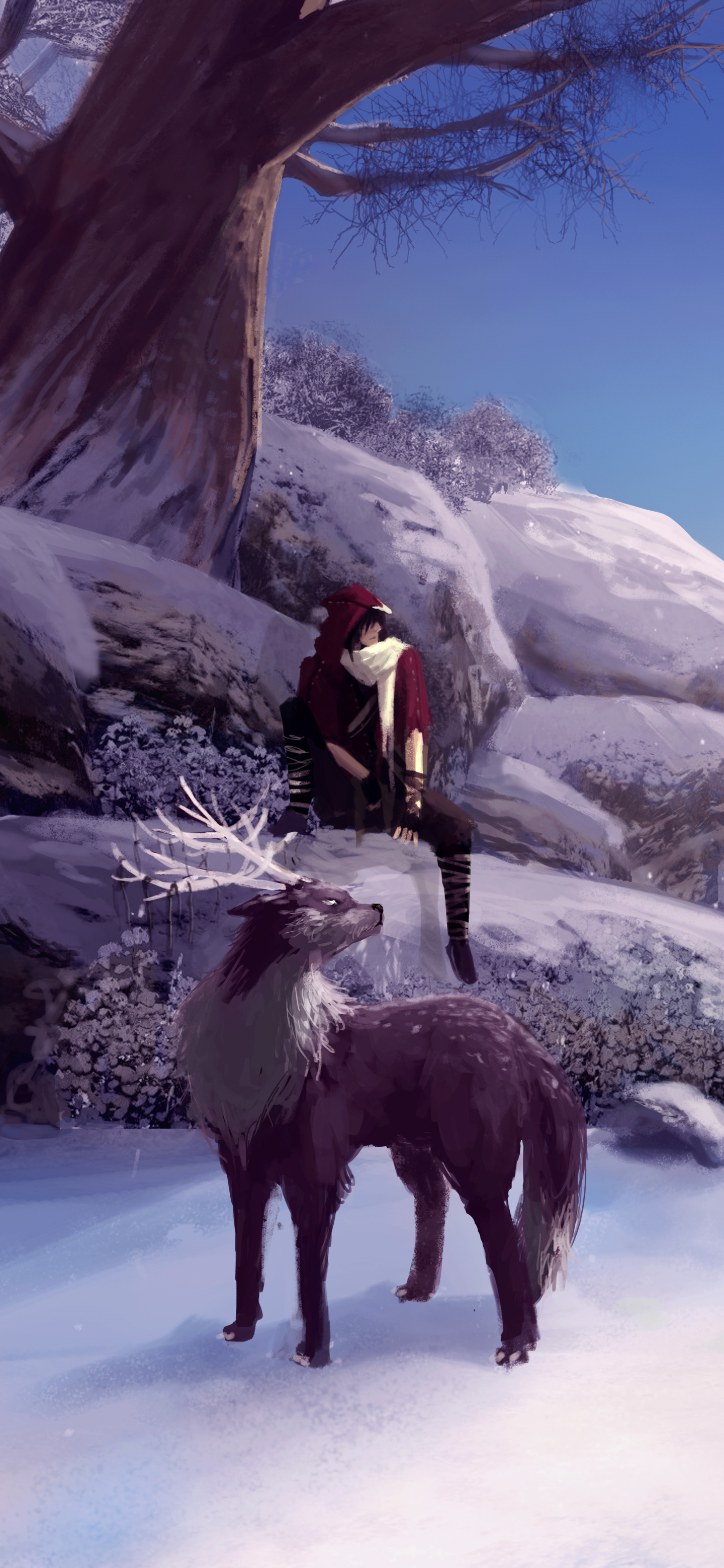Download mobile wallpaper Winter, Fantasy, Snow, Animal, Creature, Deer, Fantasy Animals for free.