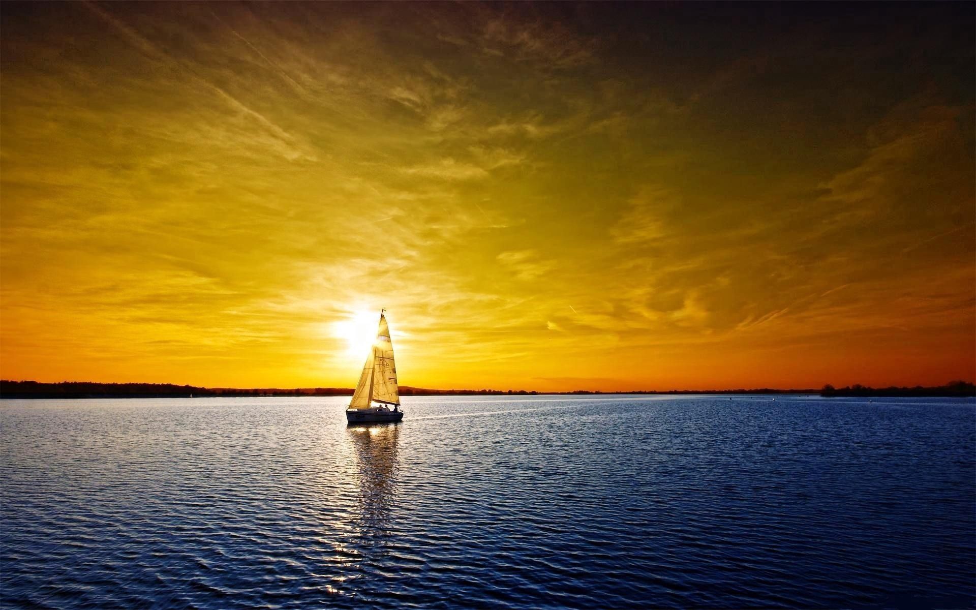 145998 Bild herunterladen segelboot, natur, sunset, sea, orange, sailfish, allein, einsam - Hintergrundbilder und Bildschirmschoner kostenlos