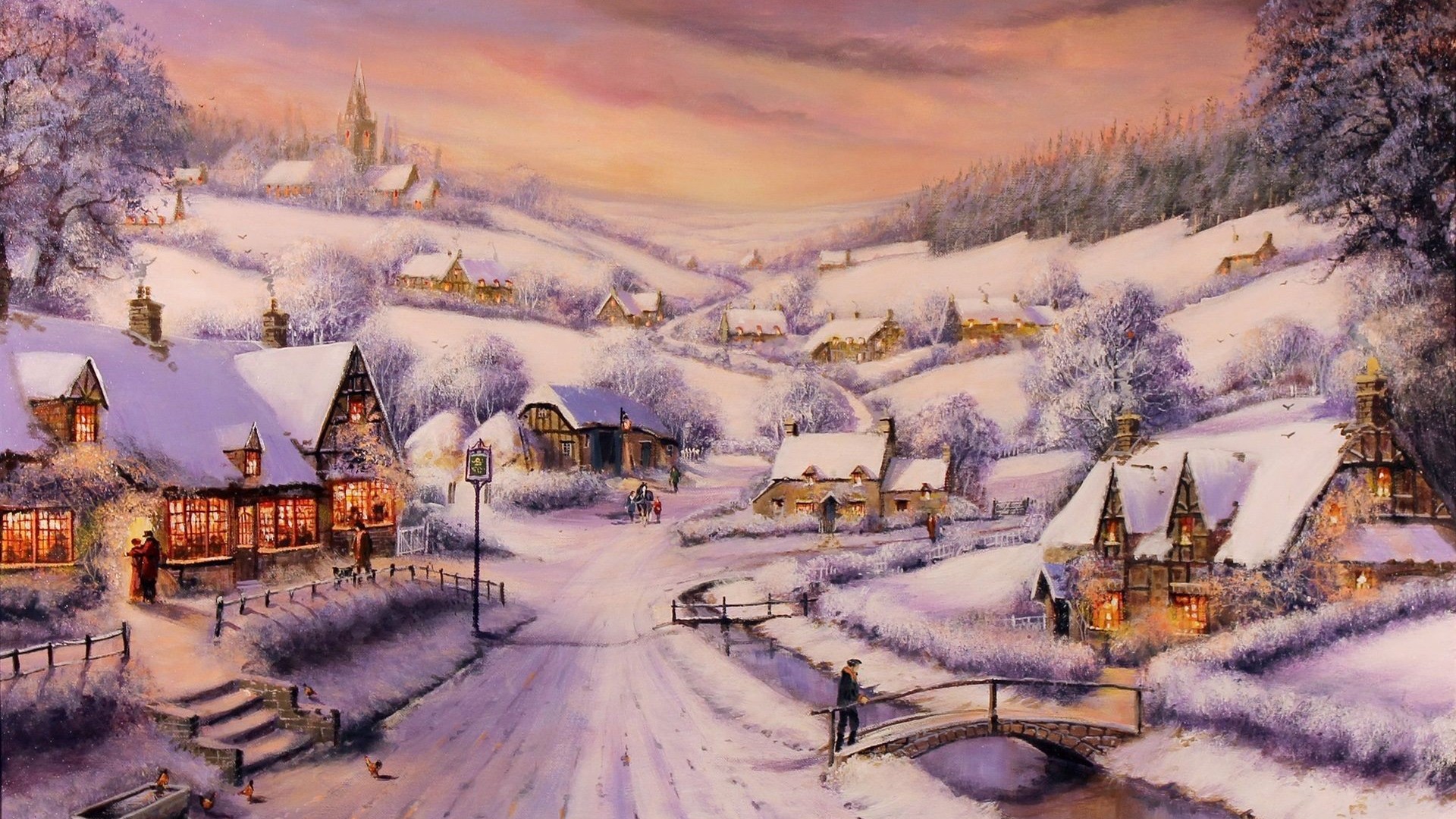Download mobile wallpaper Winter, Snow, Tree, House, Village, Painting, Artistic for free.