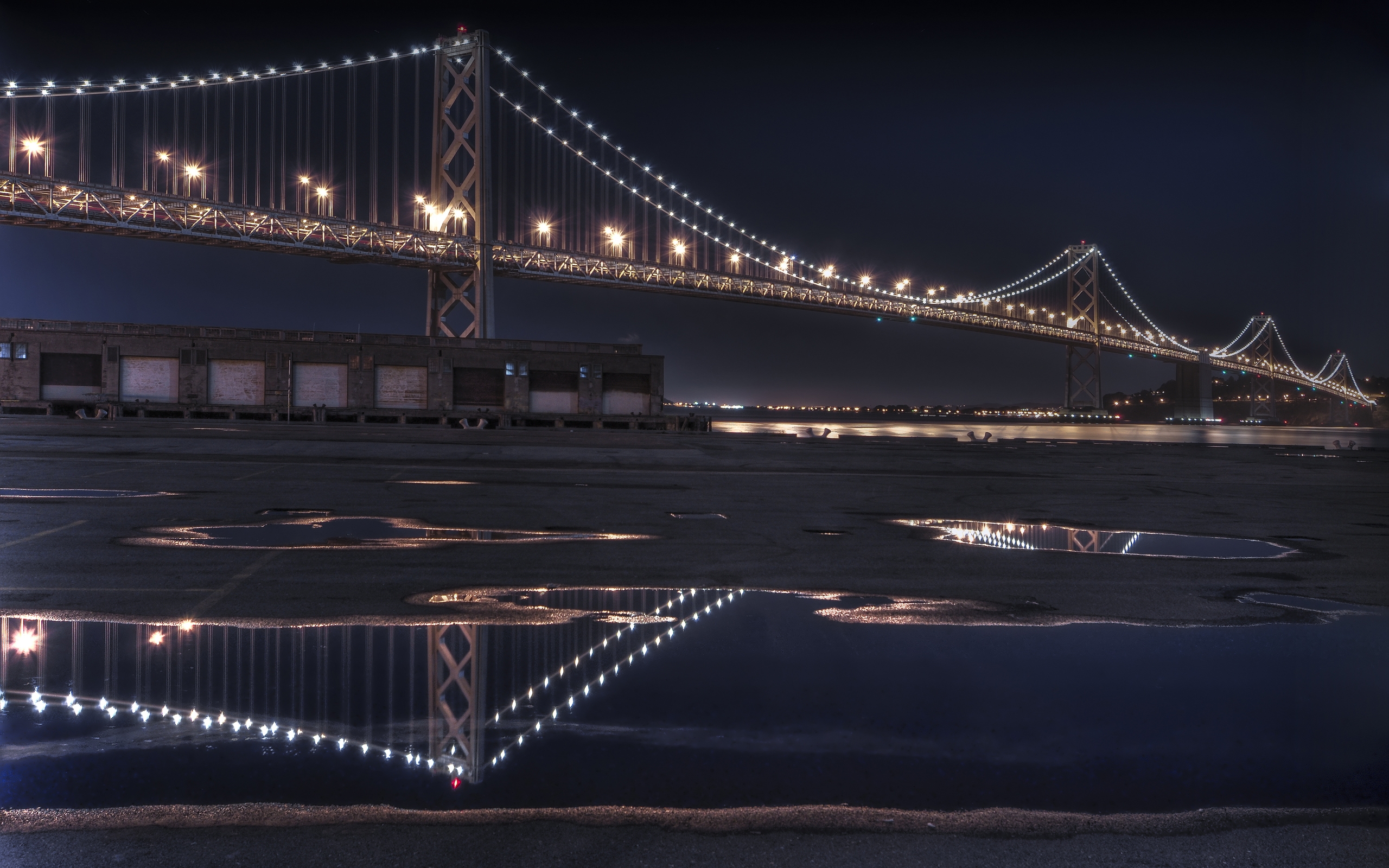 Скачать обои бесплатно Мосты, Отражение, Мост, Залив, Сан Франциско, Бэй Бридж, Сделано Человеком картинка на рабочий стол ПК
