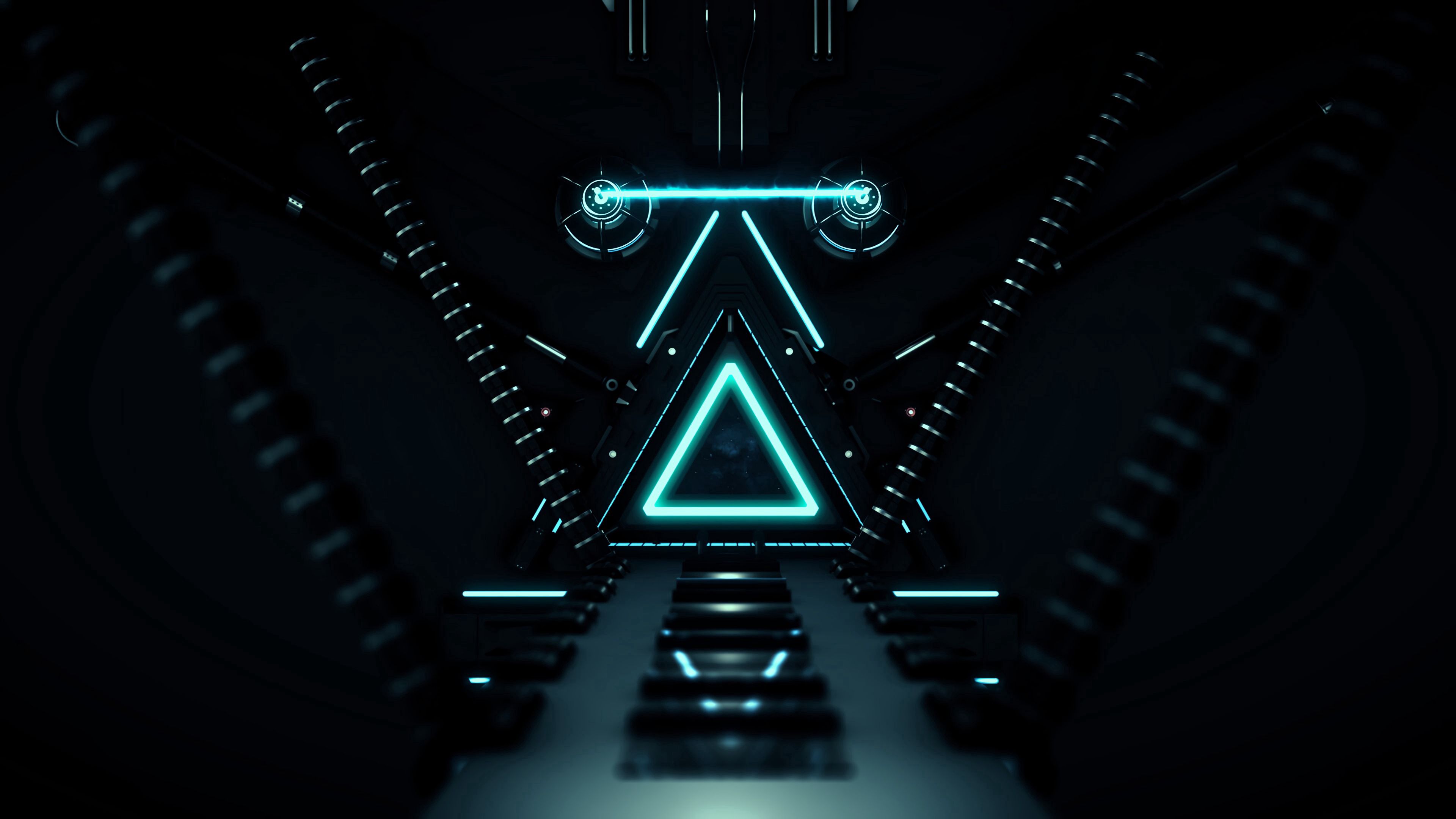 triangle, corridor, neon, dark, glow 32K