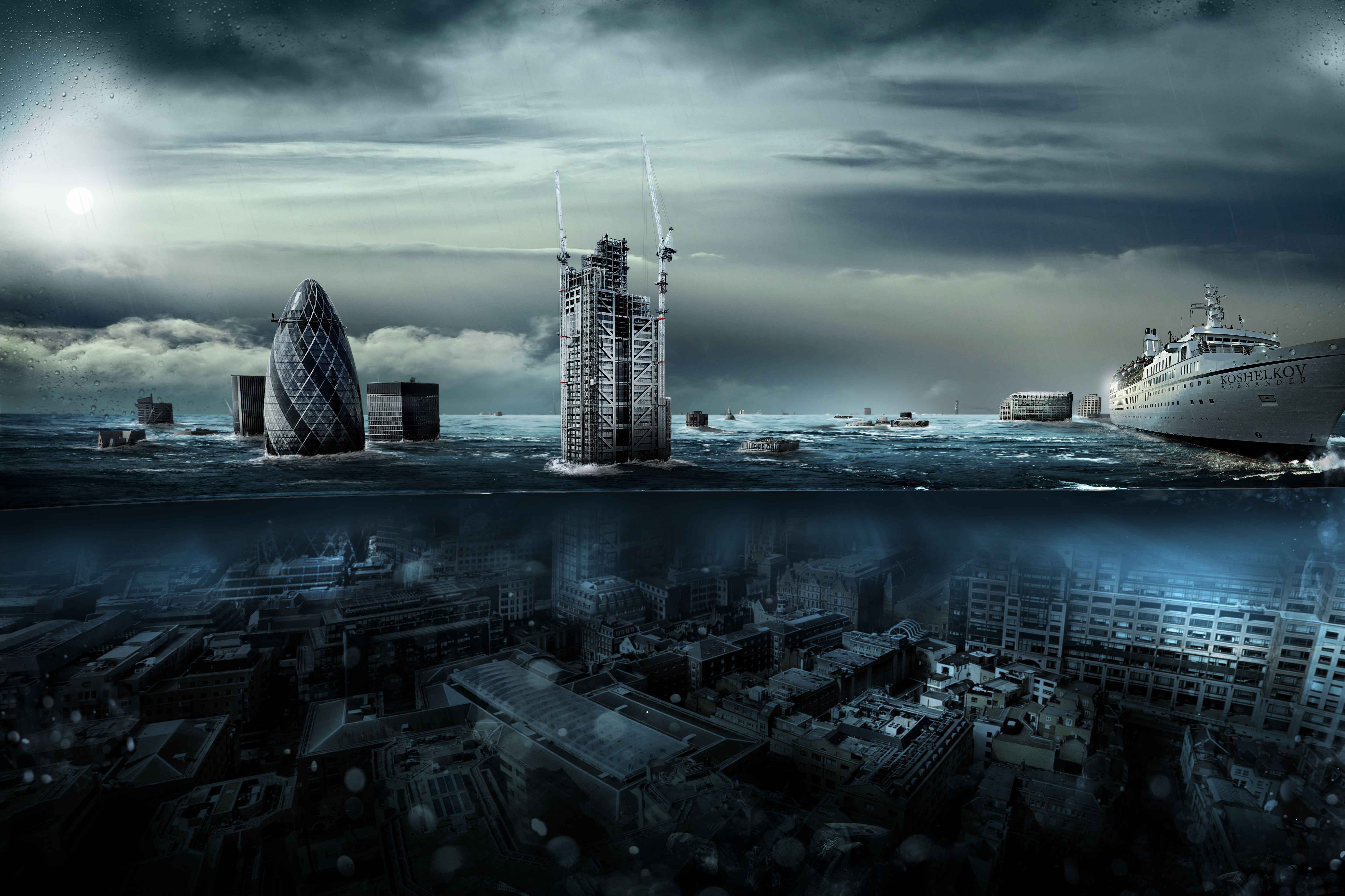 sci fi, post apocalyptic, boat, building, flood, ocean, underwater, water