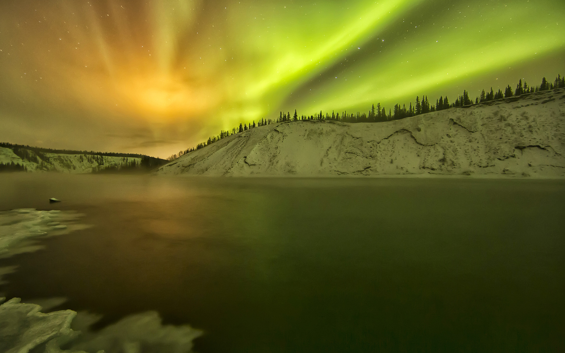 Download mobile wallpaper Winter, Sunset, Sky, Night, Snow, Earth, Aurora Borealis for free.