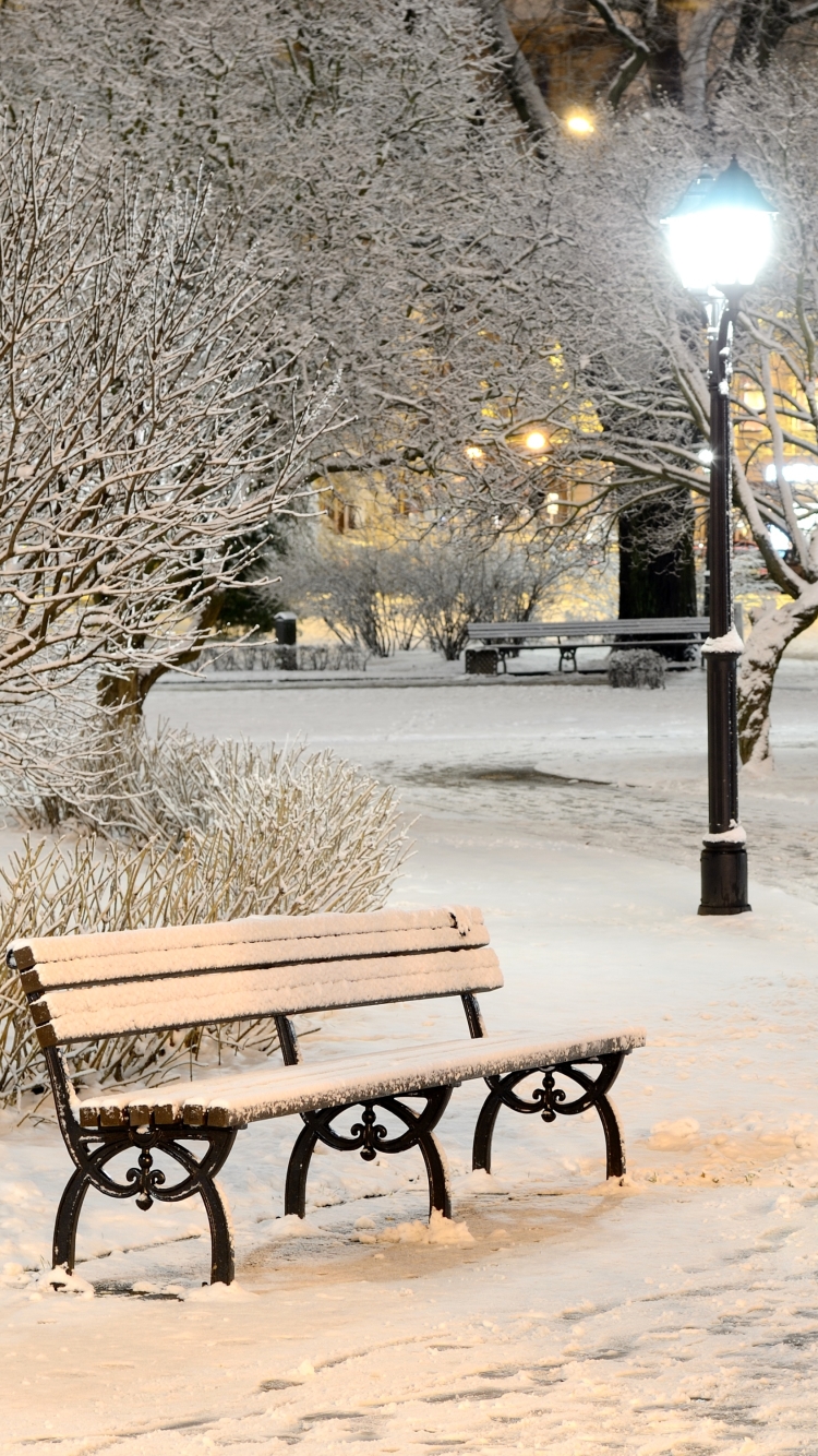 Handy-Wallpaper Winter, Schnee, Bank, Park, Menschengemacht kostenlos herunterladen.