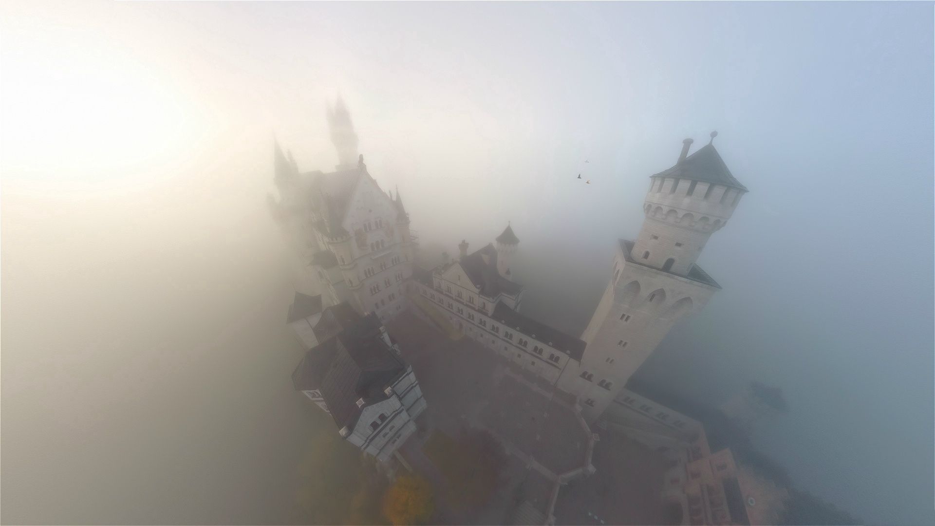 fog, towers, nature, lock, haze, tower, from above, above