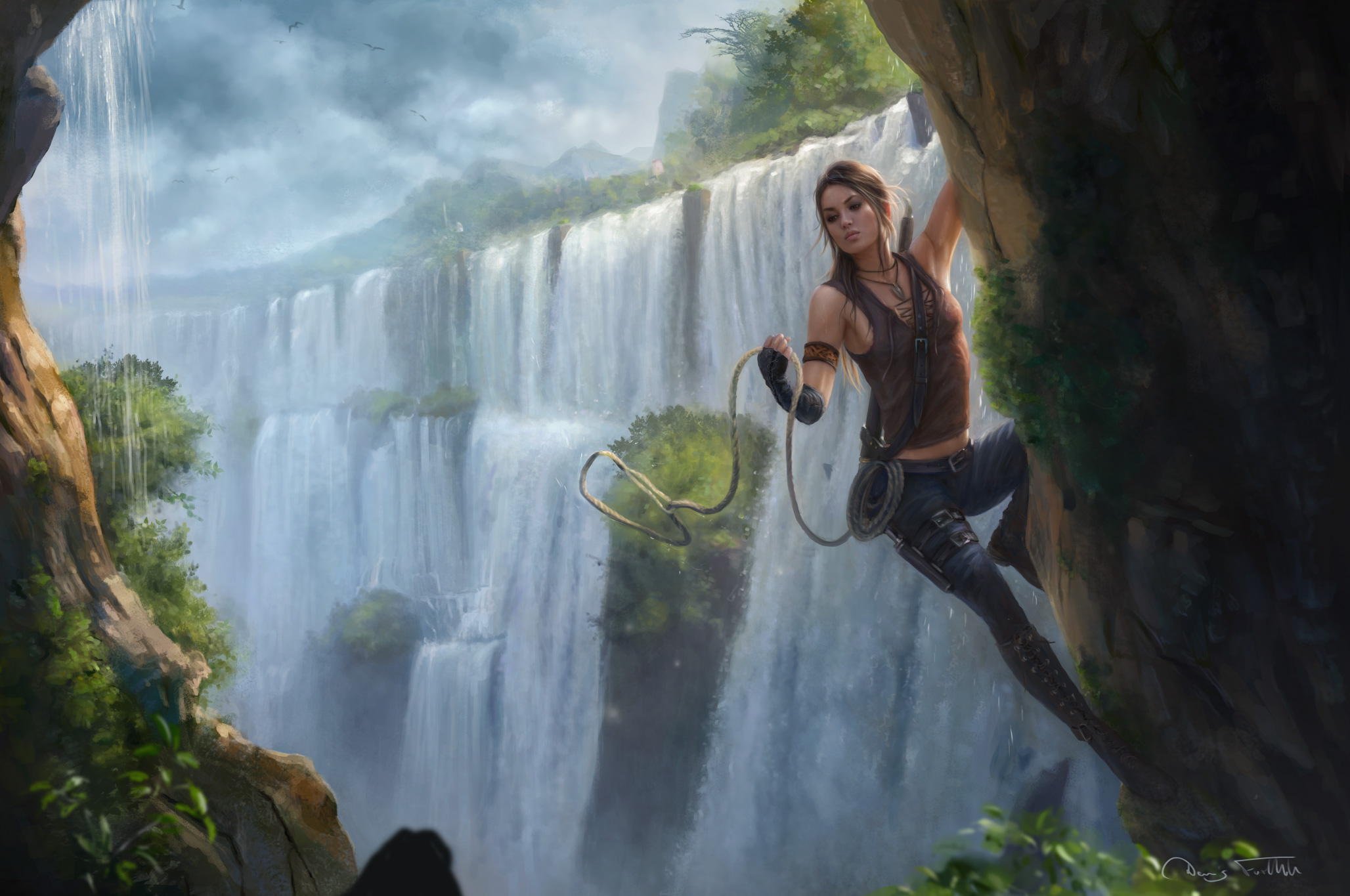 Download mobile wallpaper Fantasy, Waterfall, Women for free.