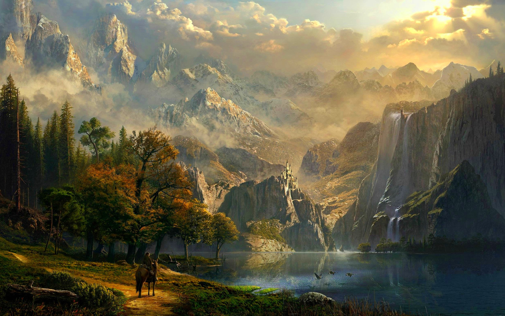 Free download wallpaper Landscape, Fantasy, Mountain, Lake, Waterfall, Horse on your PC desktop