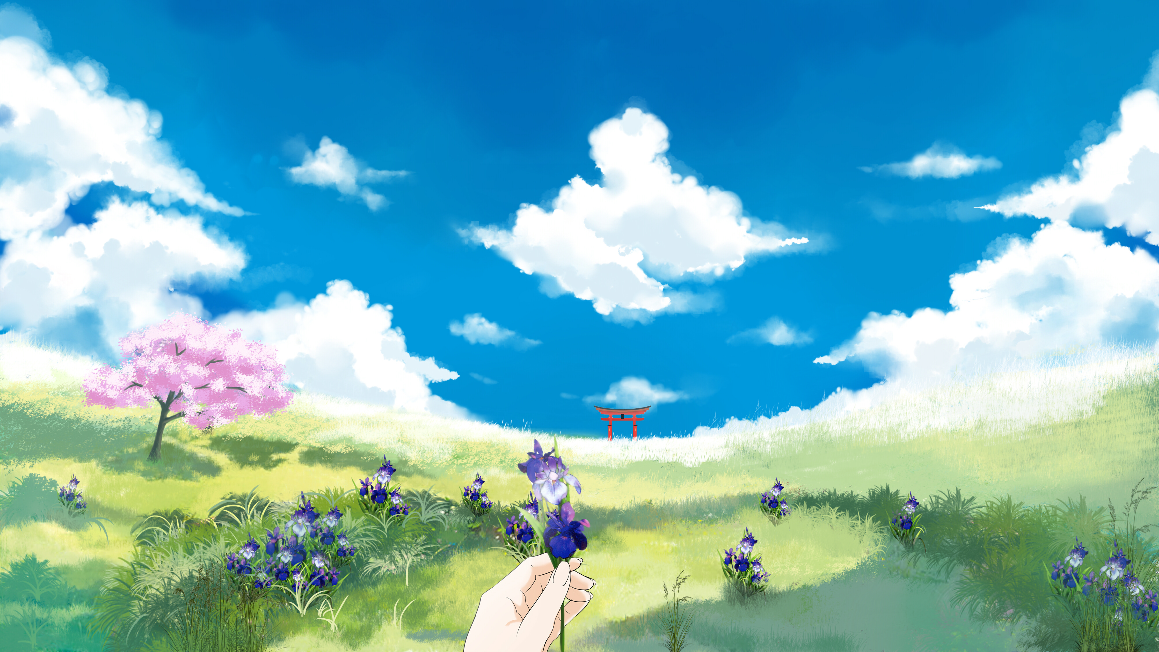 Free download wallpaper Lawn, Torii, Flowers, Hand, Art on your PC desktop
