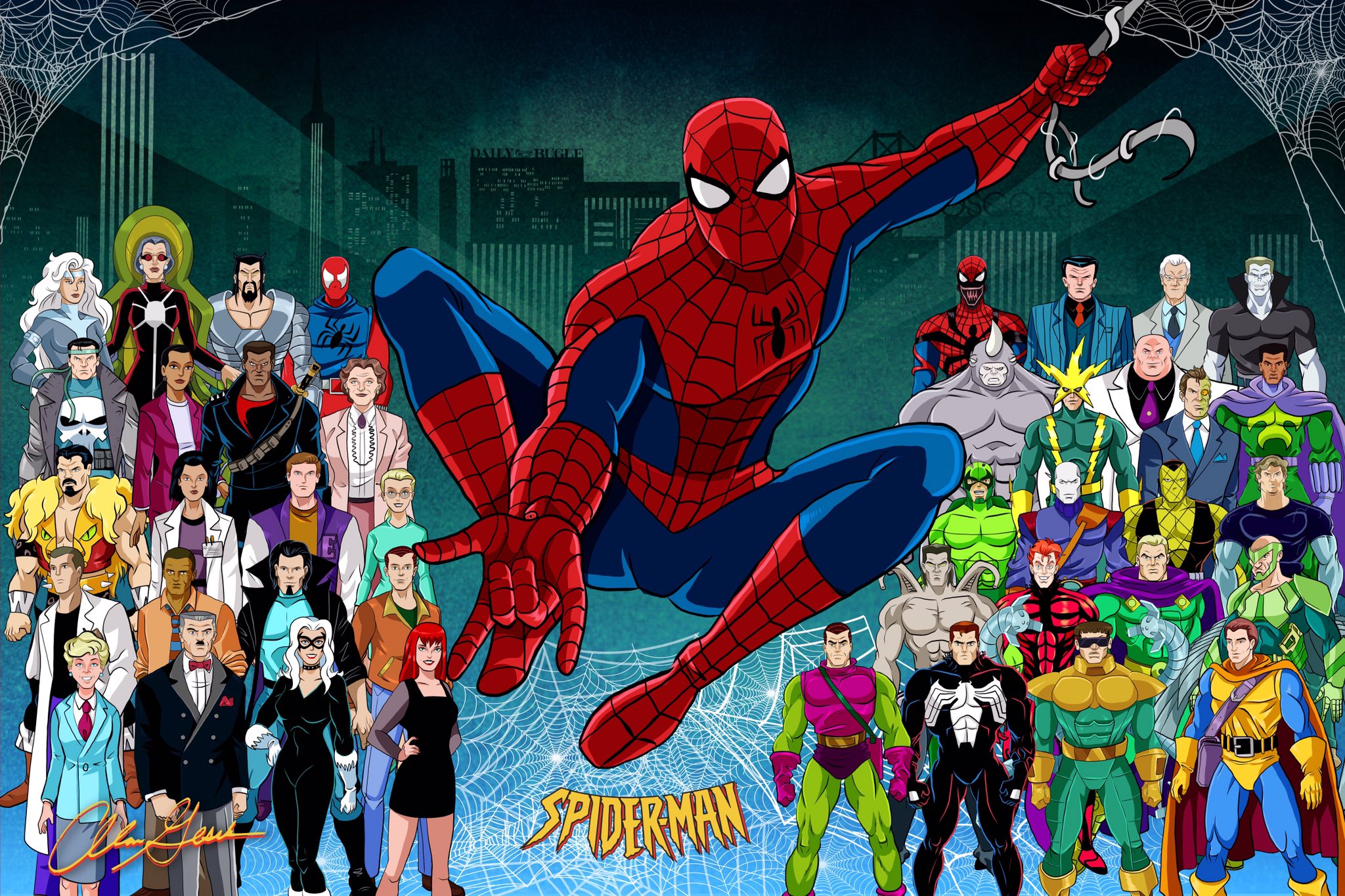 tv show, spider man: the animated series, aunt may parker, ben reilly, black cat (marvel comics), blade (marvel comics), carnage (marvel comics), doctor octopus, electro (marvel comics), green goblin, harry osborn, hobgoblin (marvel comics), j jonah jameson, kingpin (marvel comics), mary jane watson, morbius the living vampire, mysterio (marvel comics), peter parker, punisher, scorpion (marvel comics), shocker (marvel comics), silver sable (marvel comics), spider man, venom