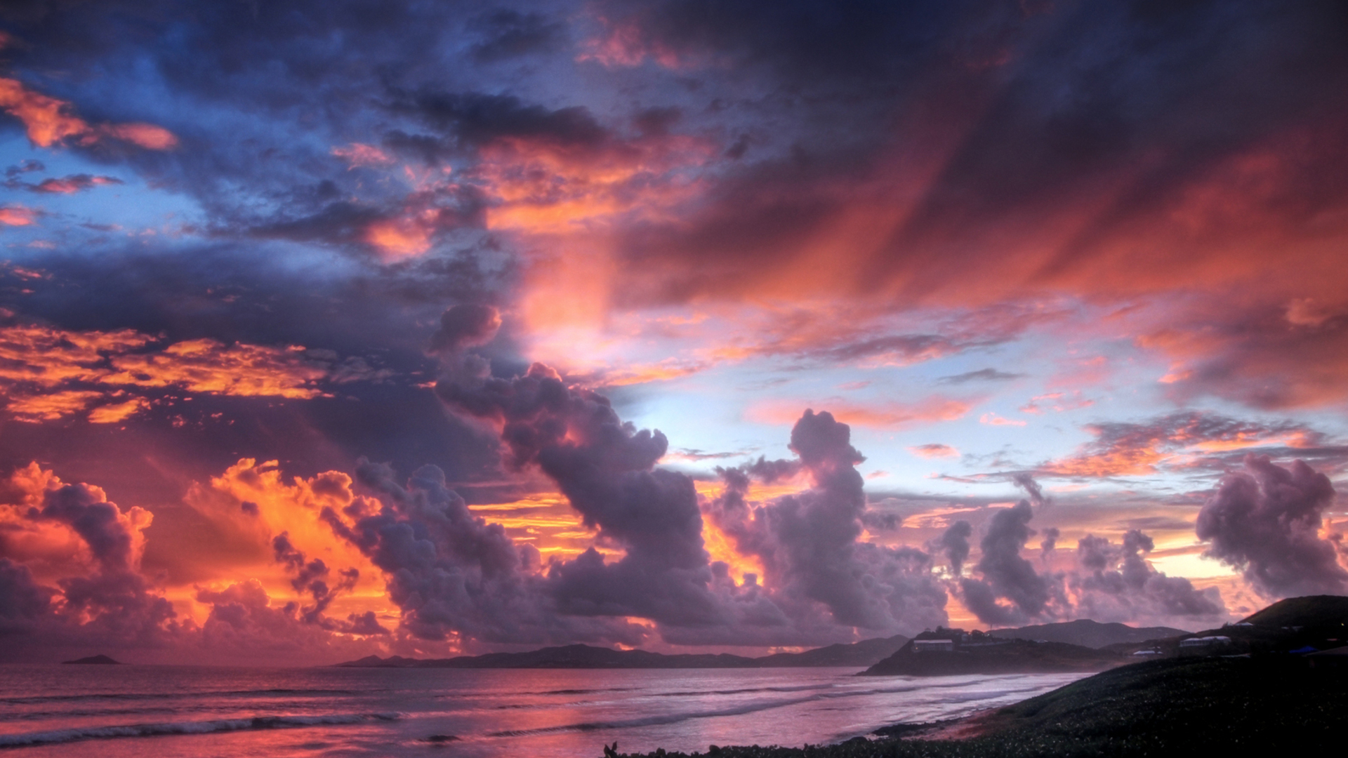 Download mobile wallpaper Sunset, Sky, Sea, Pink, Beach, Horizon, Ocean, Earth, Purple, Cloud for free.