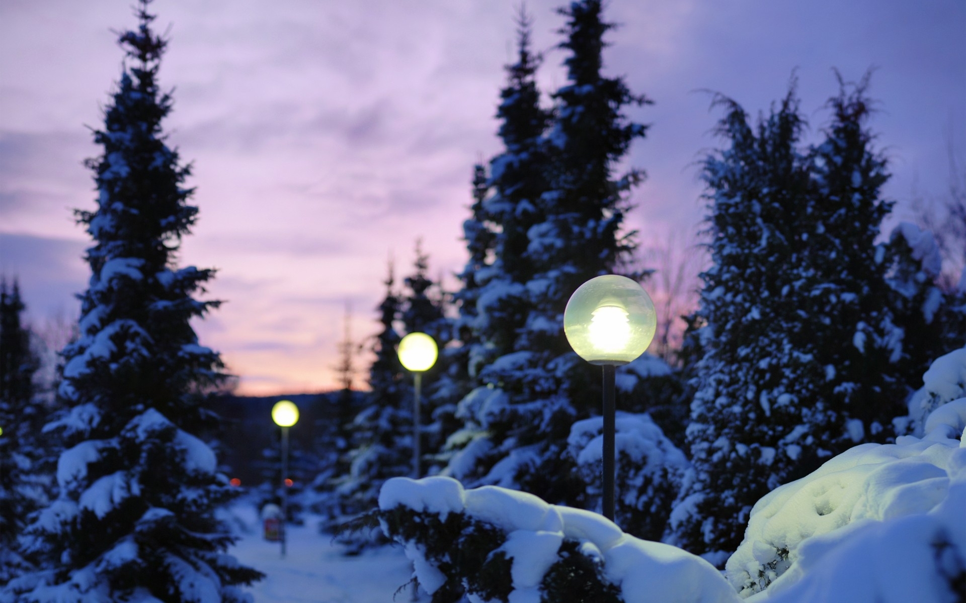Download mobile wallpaper Winter, Sunset, Night, Snow, Dusk, Photography, Lamp Post for free.